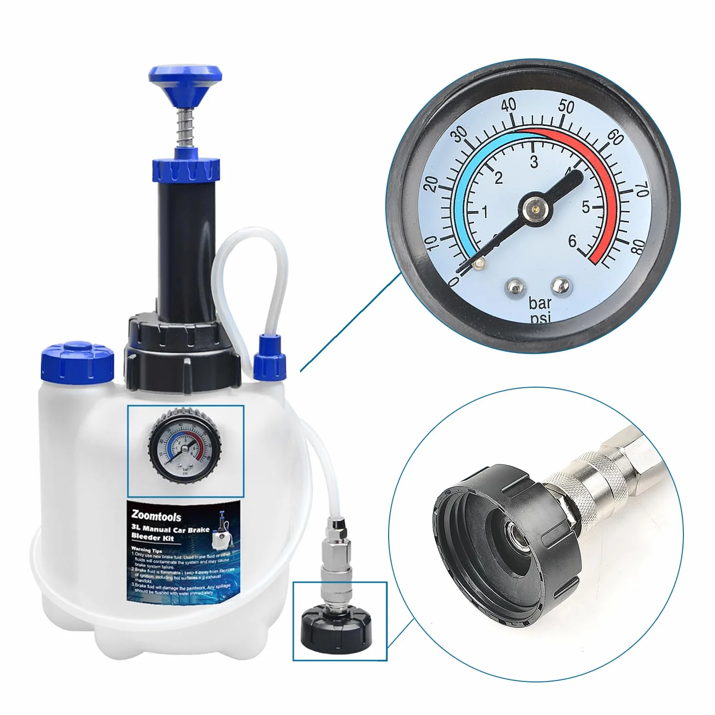 Kit di spurgo Freni Manuale 3L per Auto, Cambio Liquido Freni con Serbatoio Raccolta 1L, 4 Adattatori