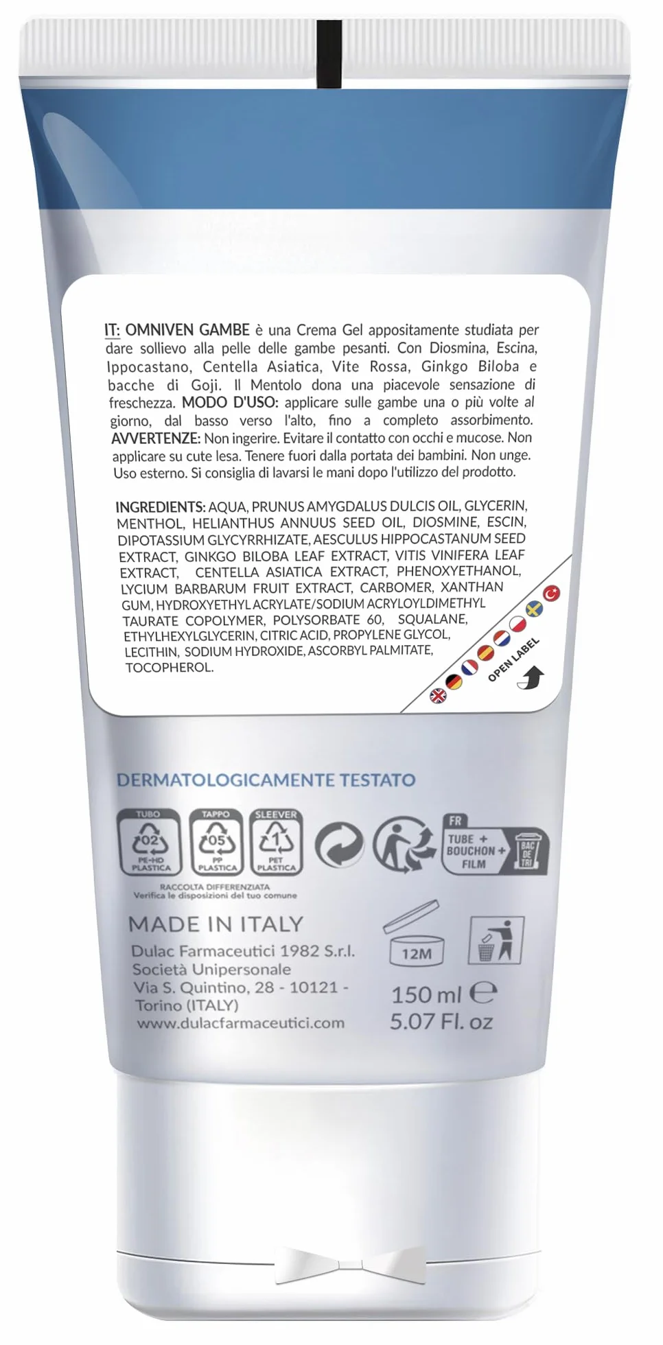 Dulac Omniven Crema Gambe Pesanti Effetto Freddo 150 ml Microcircolo Circolazione Diosmina Rusco Vite Rossa Made in Italy