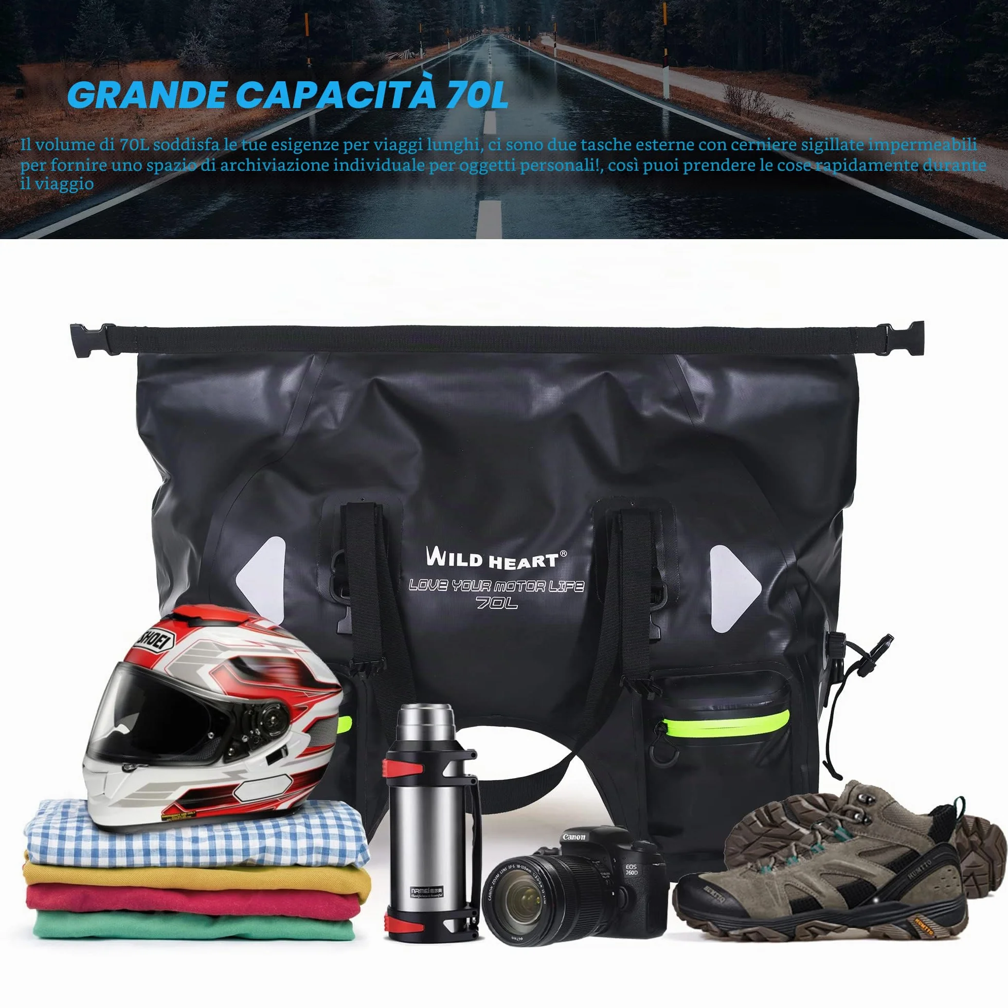 WILD HEART Borsa Da Sella Per Moto 70l Impermeabile Pvc 500d Nero