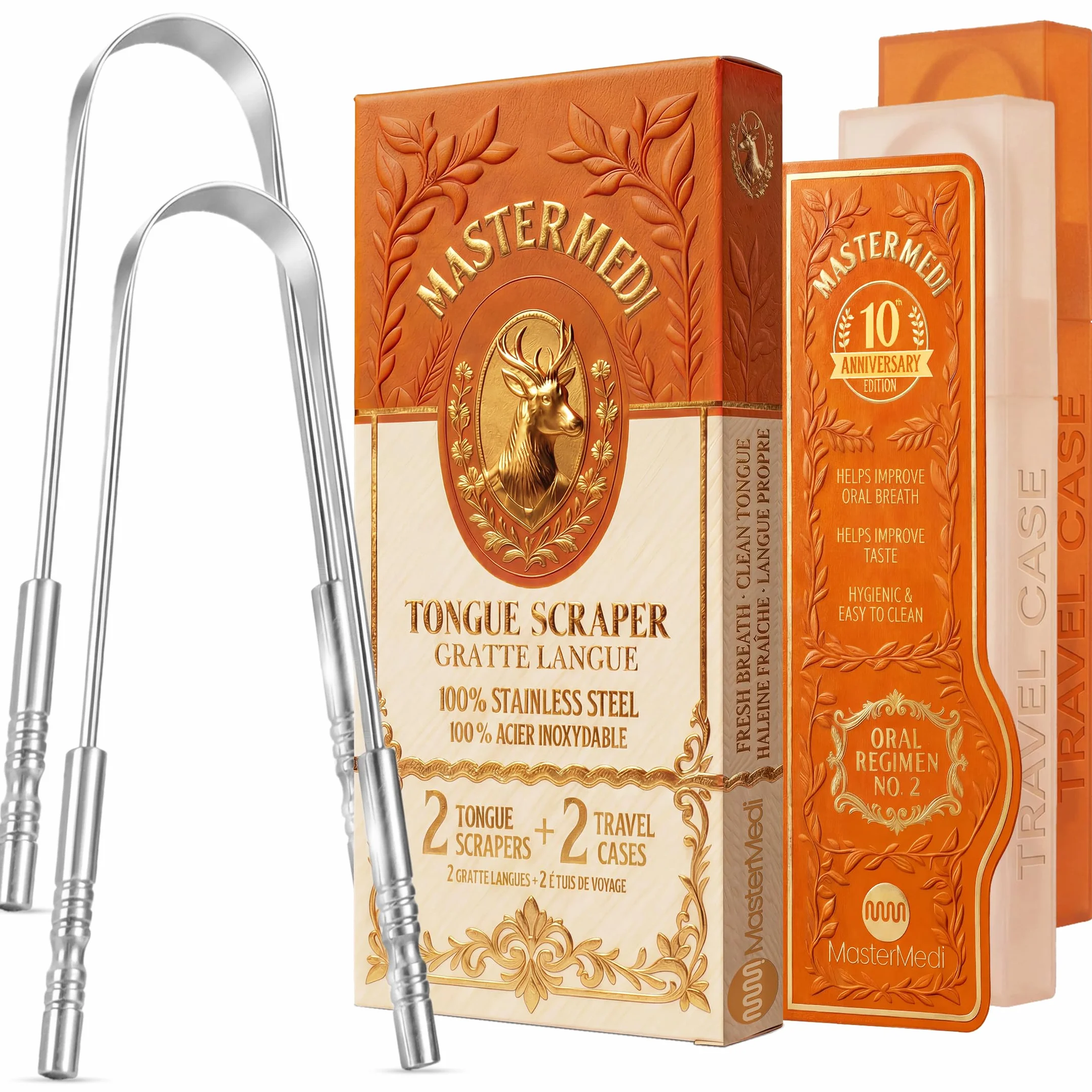 MasterMedi Raschietto Lingua 2 Pack in Acciaio Inossidabile Medical Grade per Oral Care