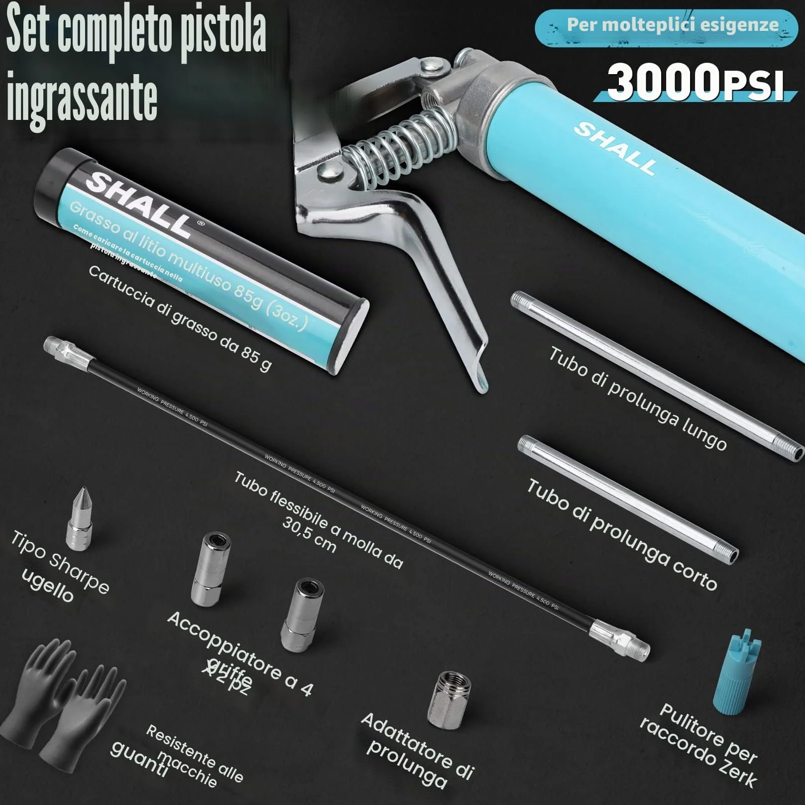 SHALL Mini pistola per grasso kit 3,52 OZ 3000 PSI ugello affilato adattatore estensione guanto PVC detergente raccordi Zerk