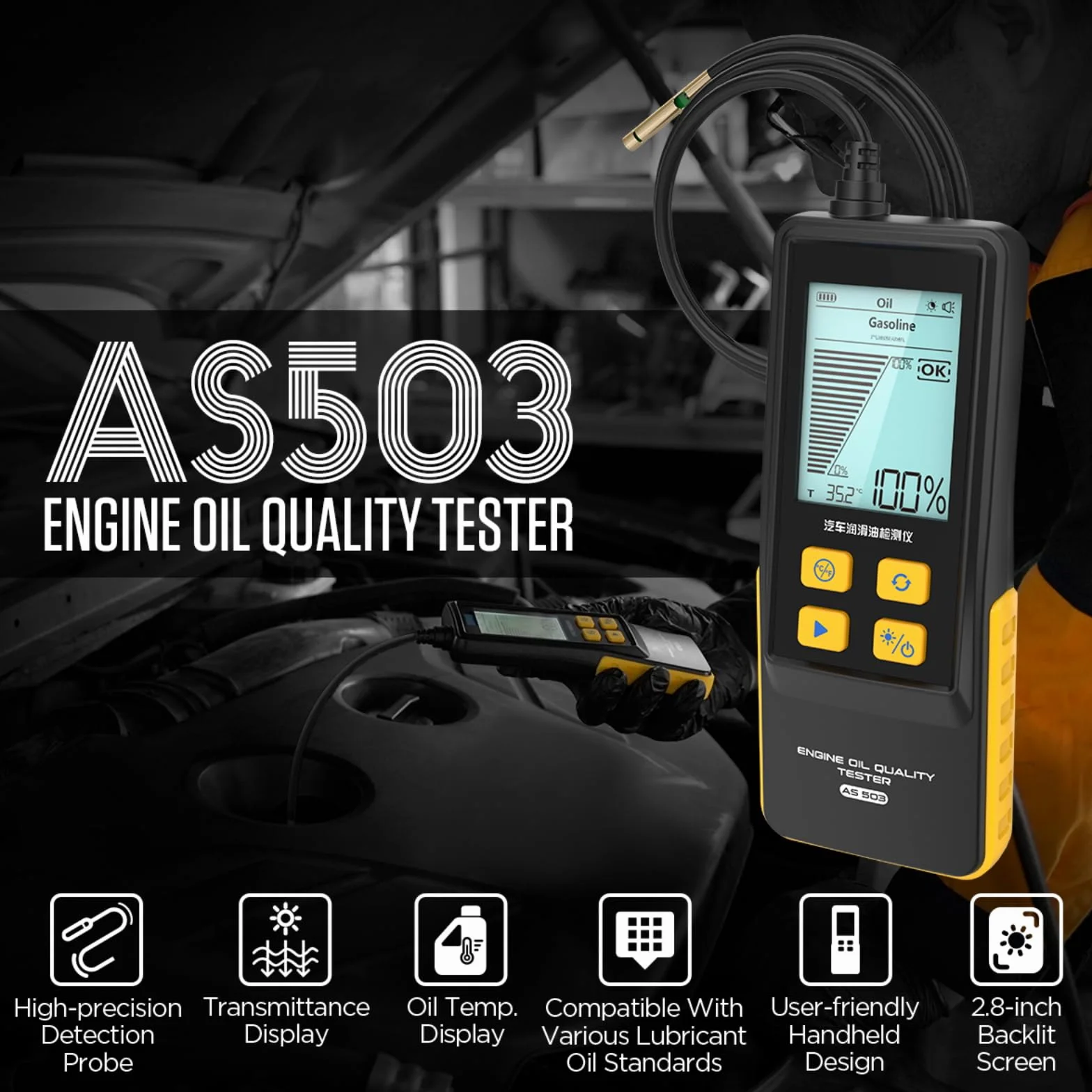 Tester di qualità dell'olio Motore AS503 Tester dell'olio Motore con Schermo da 2,8", sonda di rilevamento ad Alta precisione, Display della Temperatura dell'olio di Trasmissione per Benzina e Diesel
