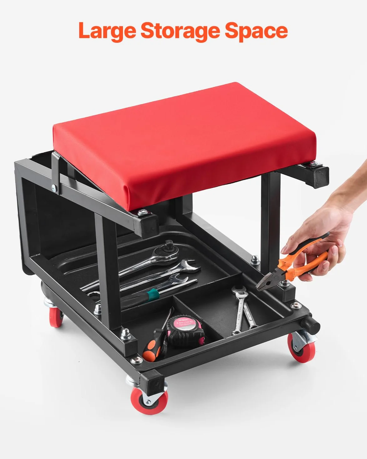 VEVOR Sgabello per meccanico, da lavoro, con ruote, girevole a 360°, ripiano per attrezzi