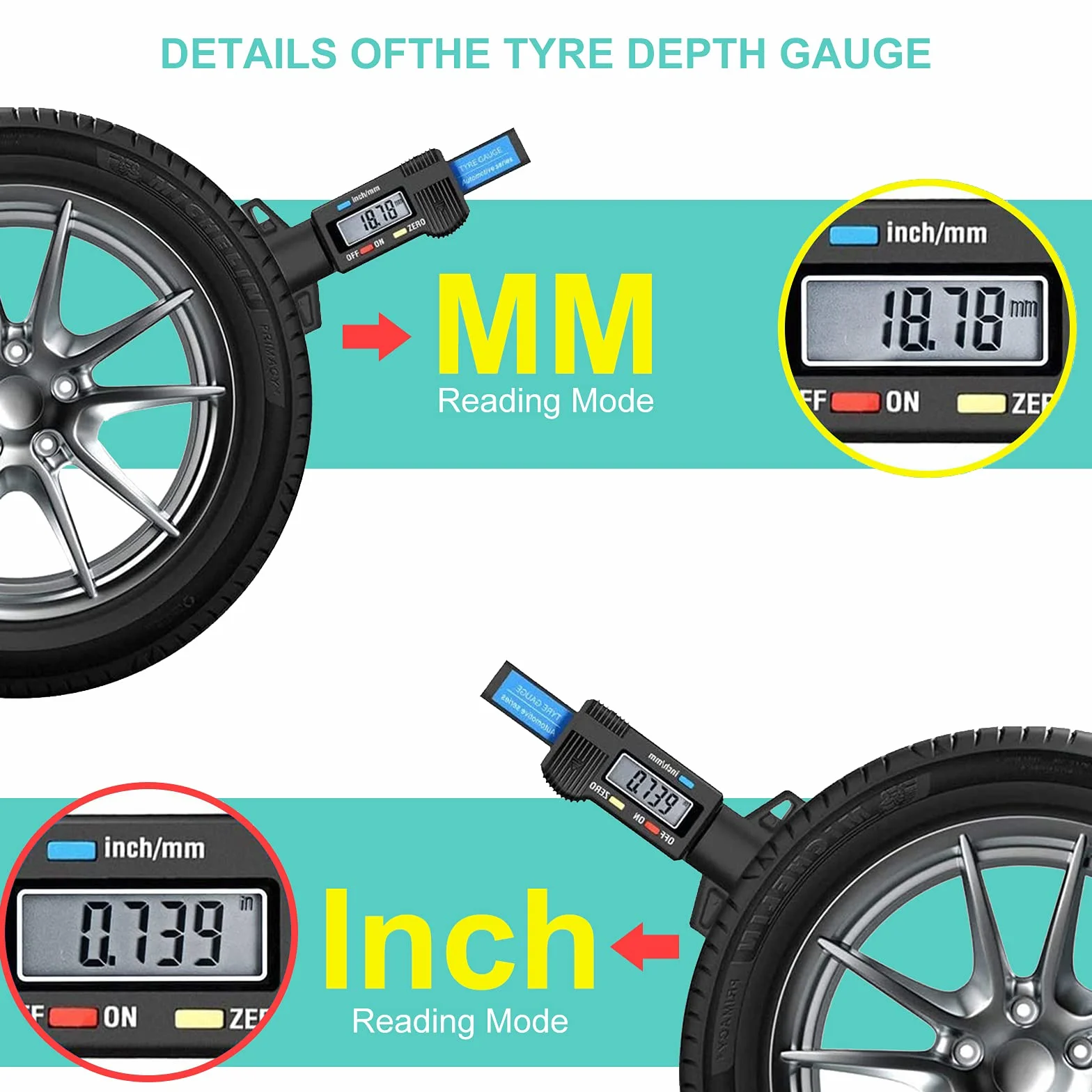 RUIZHI Digitale Misuratore di Profondità Battistrada 0-25,4mm LCD Display Pneumatico per Auto, Moto