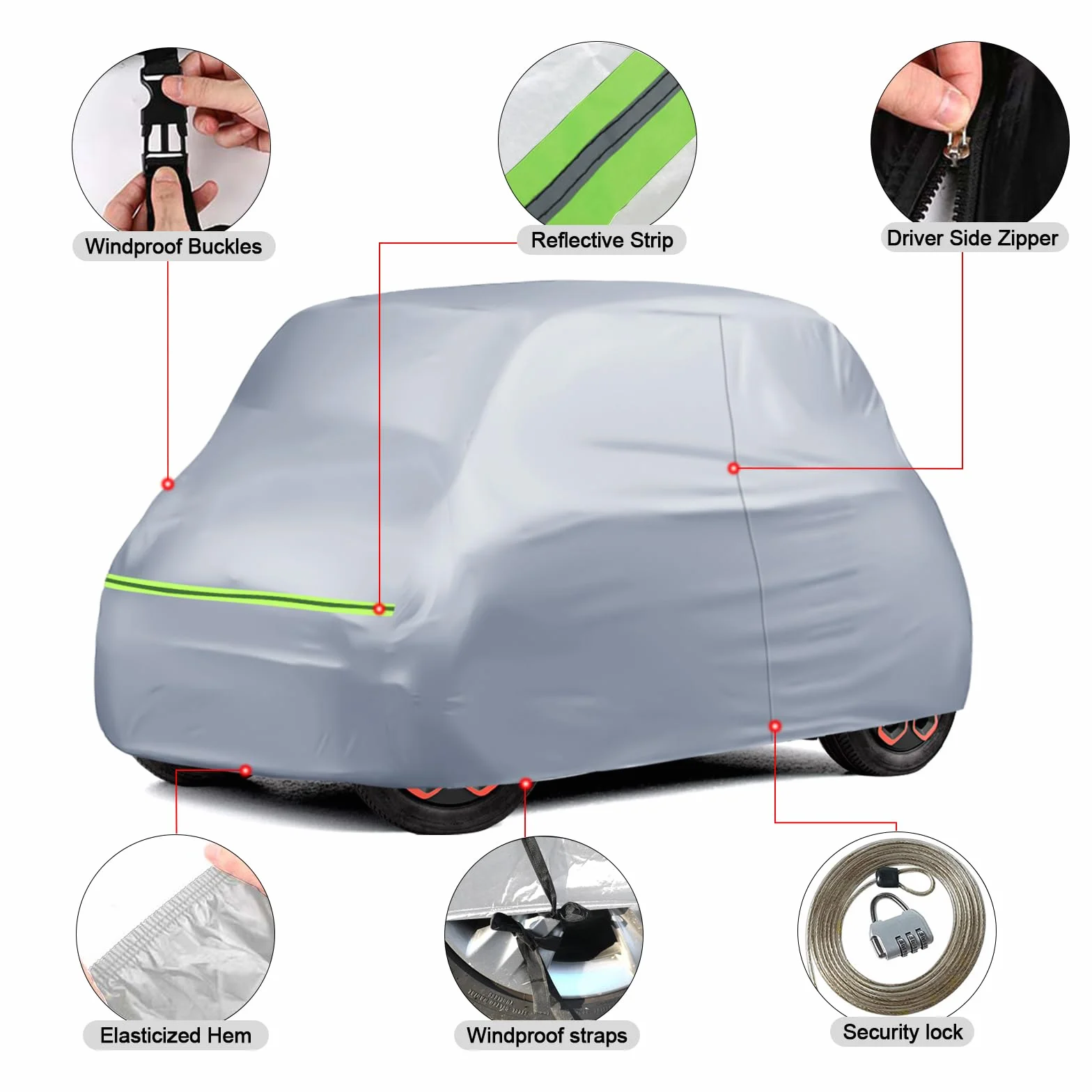 Telo Copriauto Sostituzione per Citroen Ami/O-pel Rocks-e/Electric/F-iat Topolino 2020-2024, Copertura Auto Protettiva Dell'auto, Telone Garage Completo Impermeabile Strisce Riflettenti, Argento
