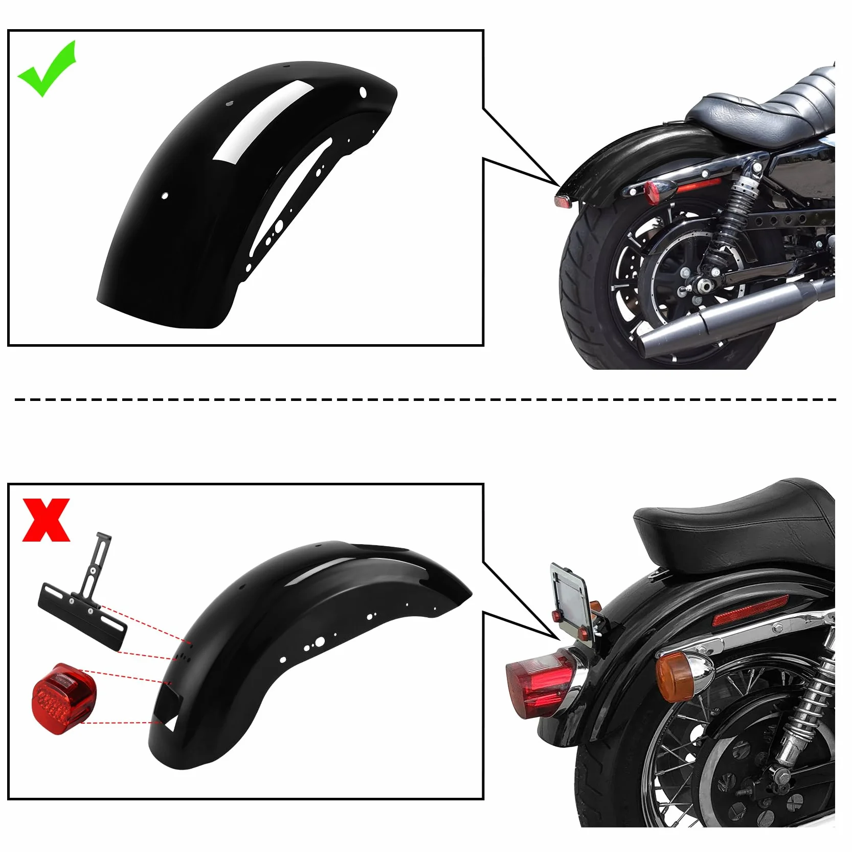 XMT-MOTOR Parafango posteriore adatto per Harley Sportster XL 883 1200, nero lucido