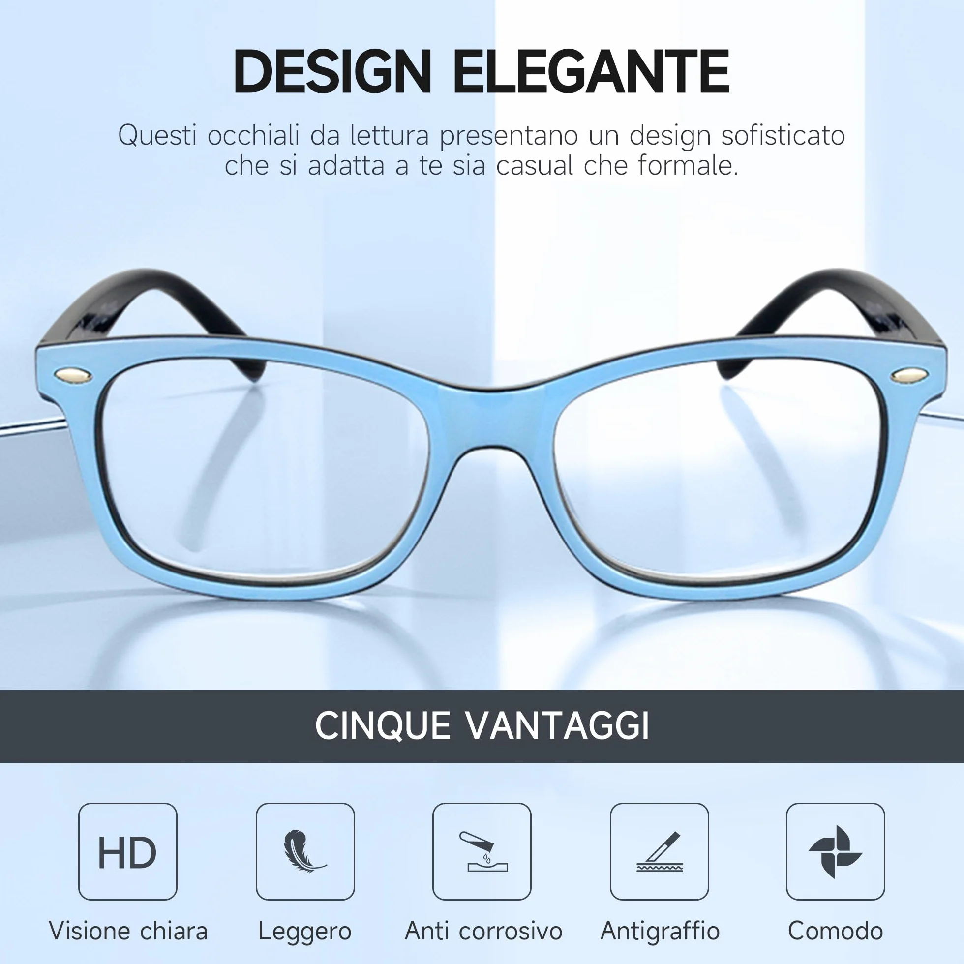 Nuovi VISION Occhiali da Lettura Bicolore UV400 NV056 Celeste 2.50