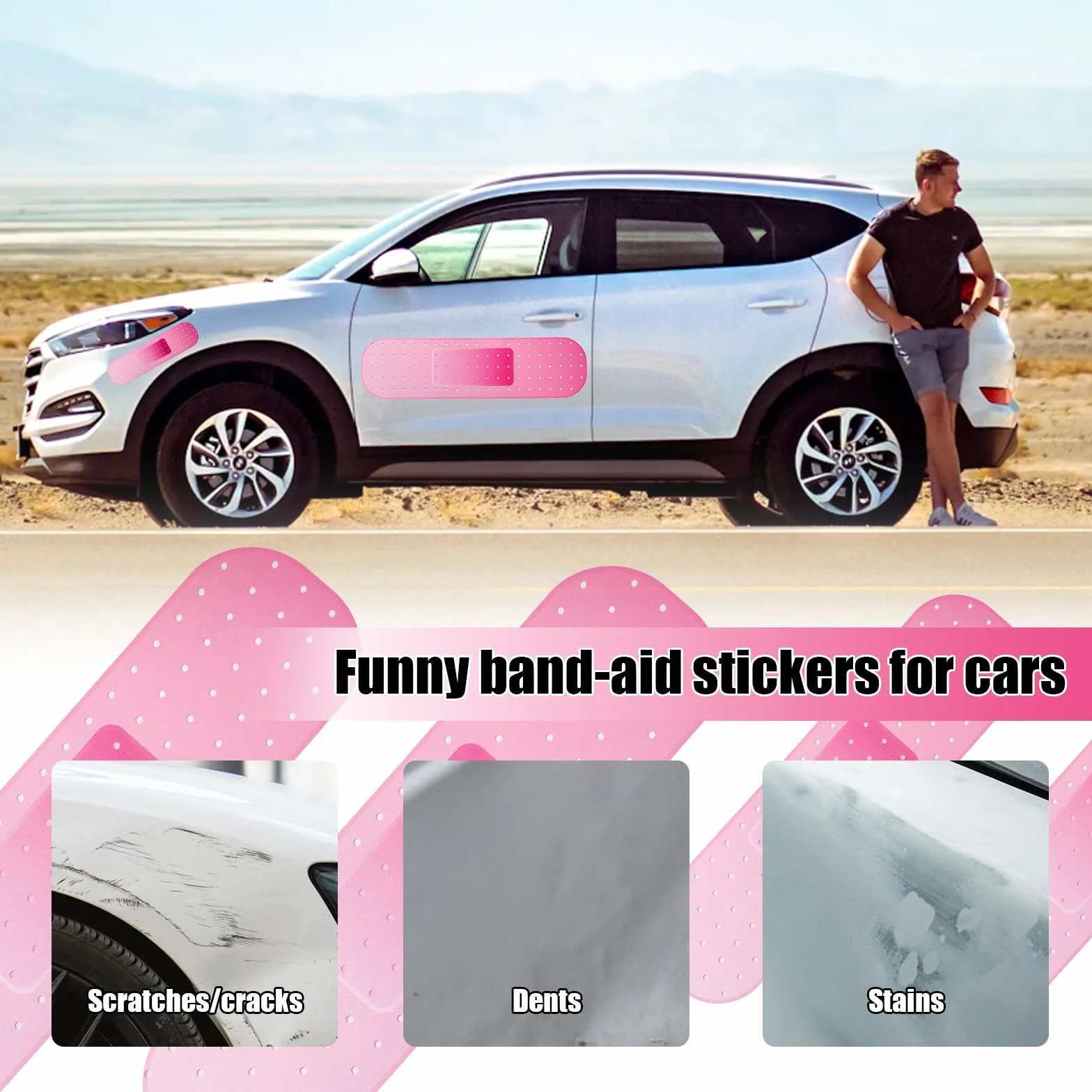 Lyreh 4pz Adesivo Cerotto Auto, 2 Misure Grandi Adesivi Forma Cerotto Auto per Coprire Graffi Ammaccature Macchie Gigante Adesivo Divertente per Camion Suv Moto Yacht Camper (Rosa)