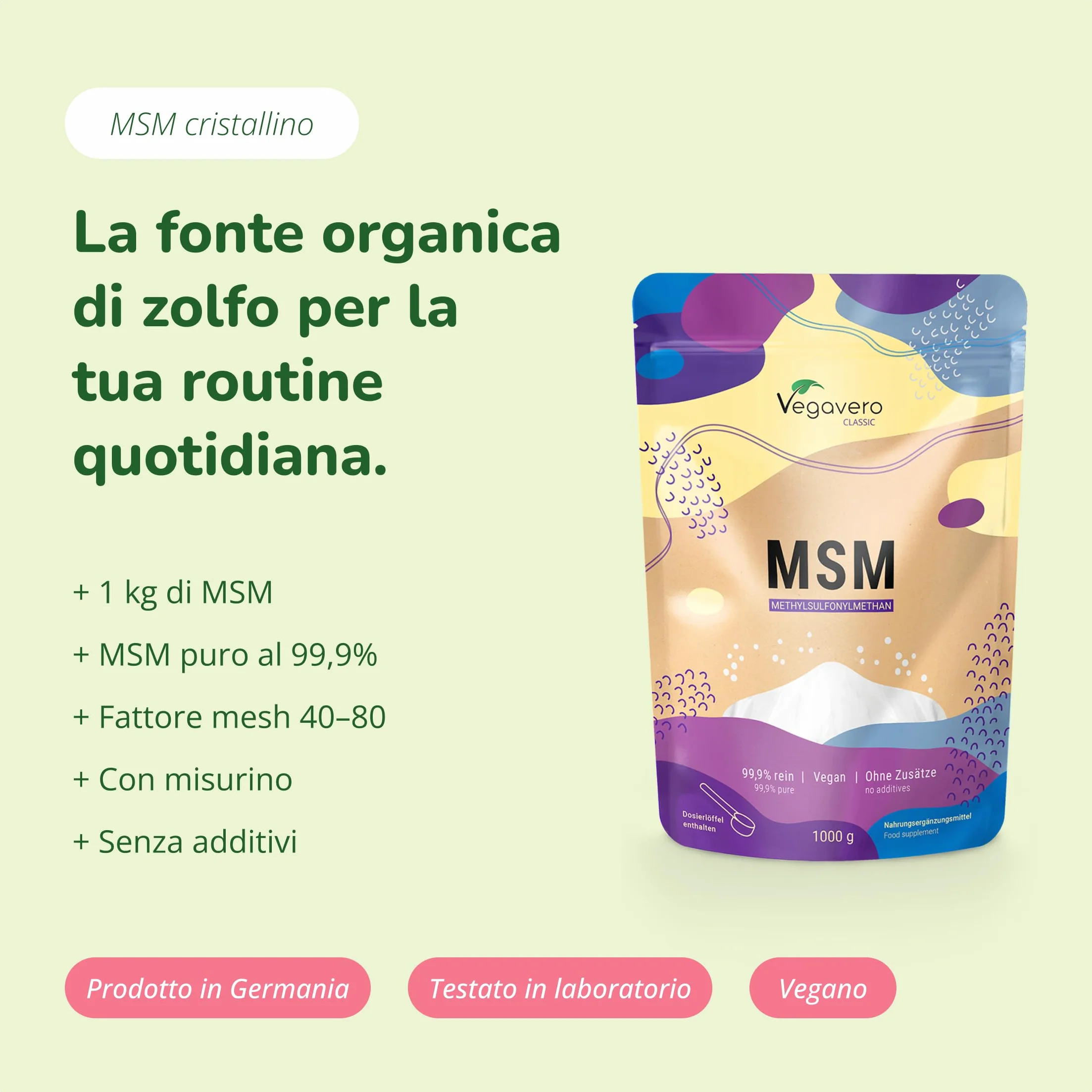 Vegavero® Zolfo in polvere puro 99,9% 1Kg Salute Articolazioni Unghie Capelli Senza Additivi Vegan