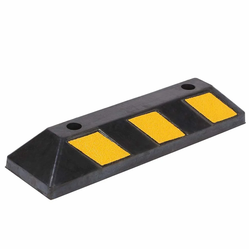 Fermaruota in Gomma Dura Ebanite Set 2 55 x 15 x 10 cm per Parcheggio Garage con Strisce Catarifrangenti