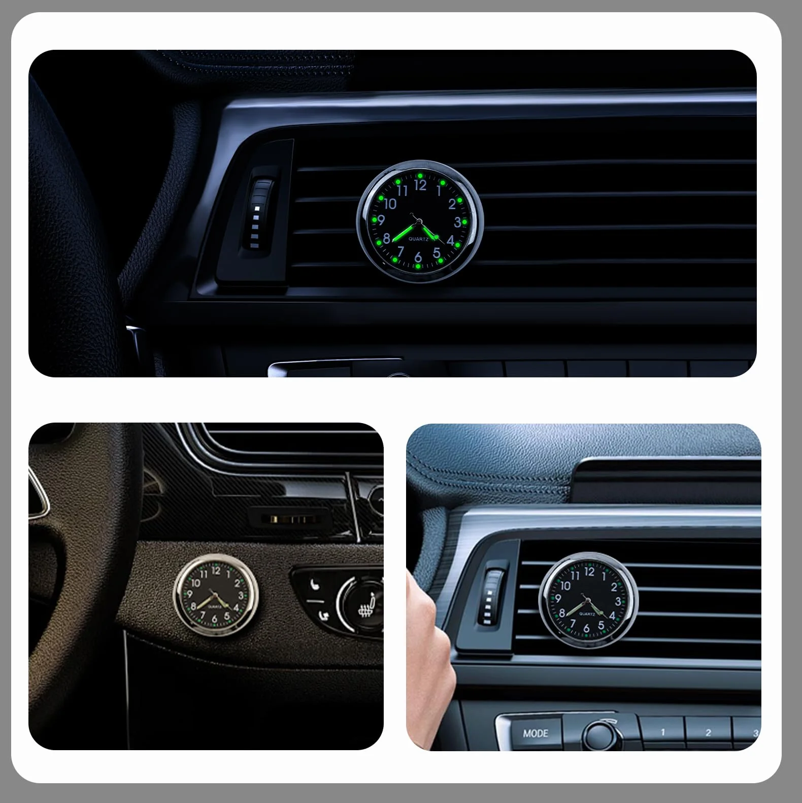 Orologio Universale Luminoso al Quarzo con Clip per Bocchetta dell'Aria e Adesivo per Decorazione Interni per Auto (Nero)