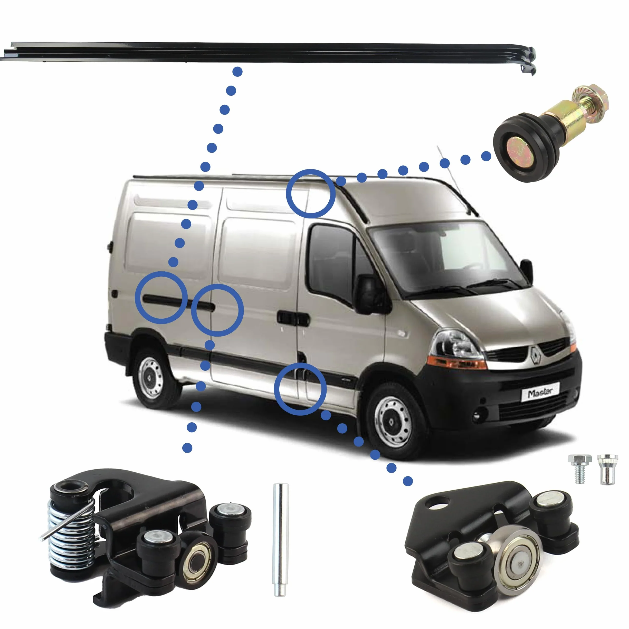 3 rulli porta scorrevole + BINARIO PORTA SCORREVOLE compatibili per Master 2, Movano A, Interstar (1997-2010) guida porta laterale + binario | Guida SUPERIORE - CENTRALE - INFERIORE