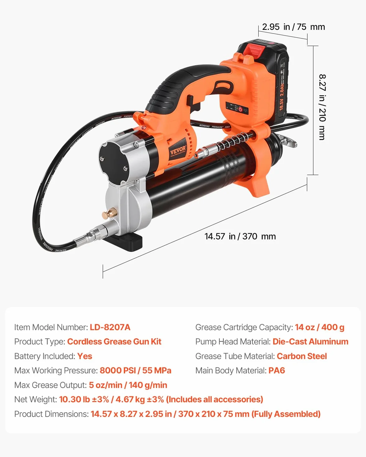 VEVOR Ingrassatore a Batteria Senza Fili, Pressione Massima 55 MPa Ingrassatore Elettrica, Batteria 2,0 Ah e Luce LED, Custodia per Trasporto, Grilletti a velocità Variabile, Ingrassaggio di Veicoli