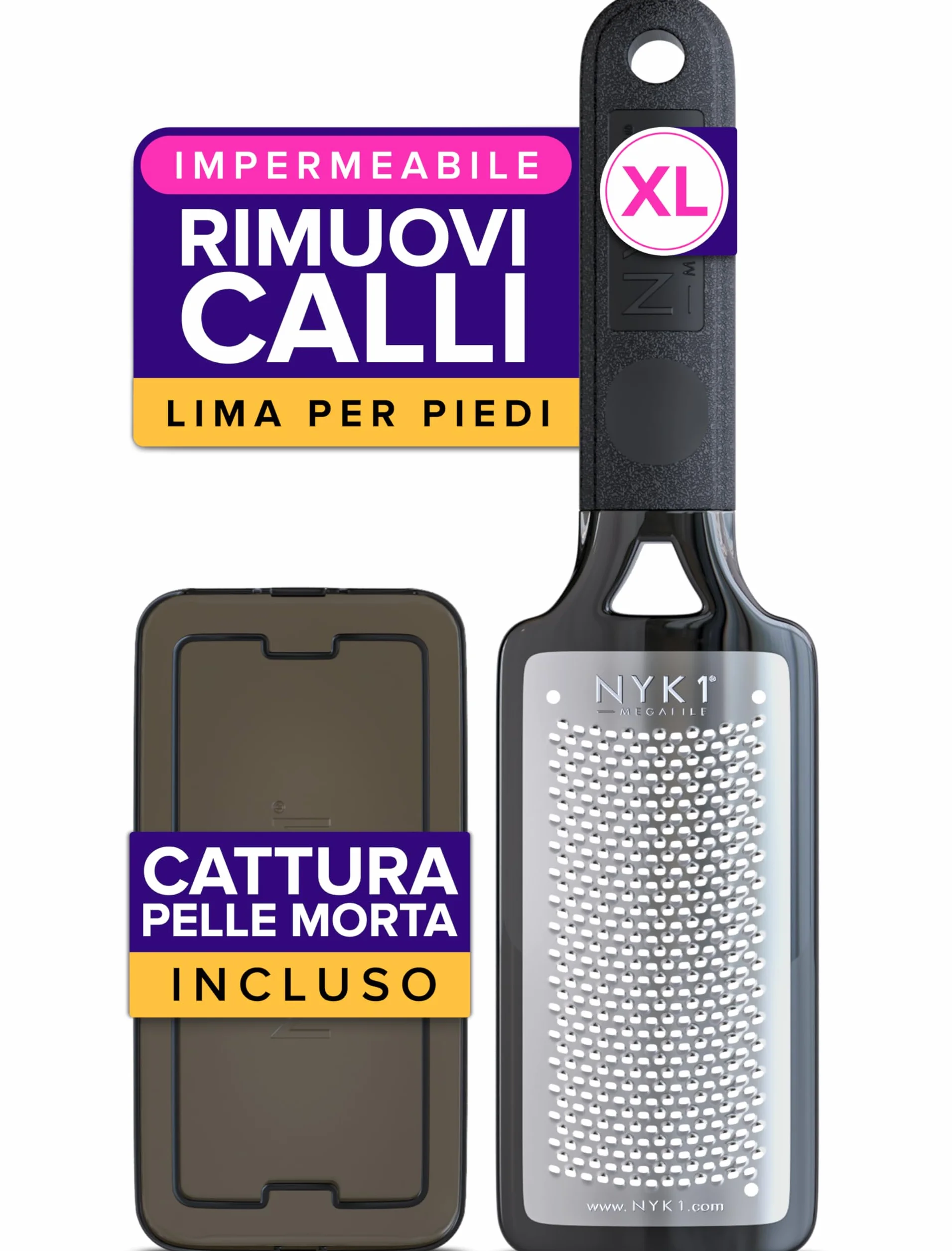 Raspa Piedi Professionale ANTIRUGGINE Con Raccoglitore Taglia XL NYK1 MEGAFILE Lima Per Piedi E Talloni Togli Calli Uso Asciutto Bagnato Raschietto Potente Impugnatura Antiscivolo