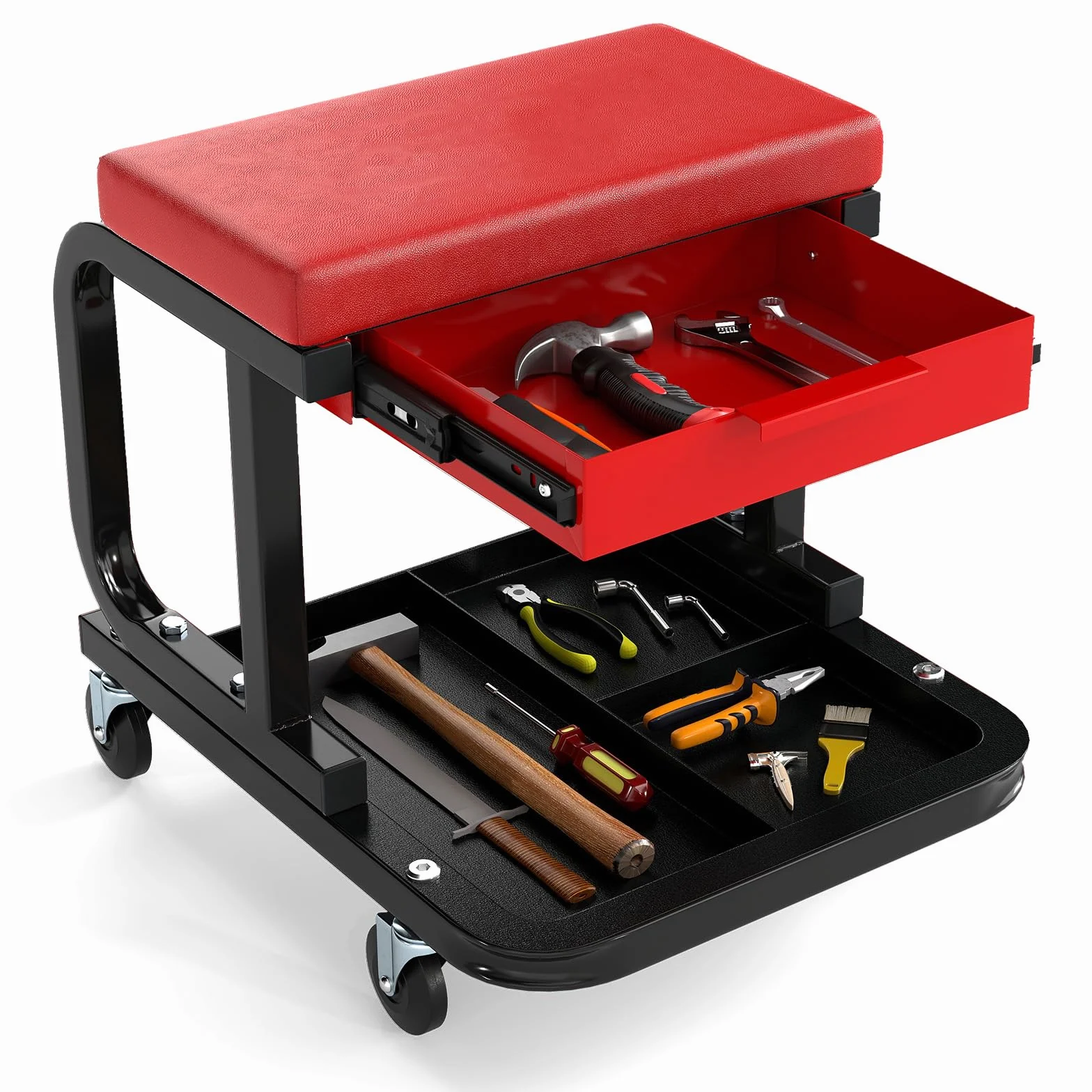 COSTWAY Sgabello da Officina con Ruote, Sedia Meccanico Imbottita, Cassetto e Vassoio, 185 kg, Rosso