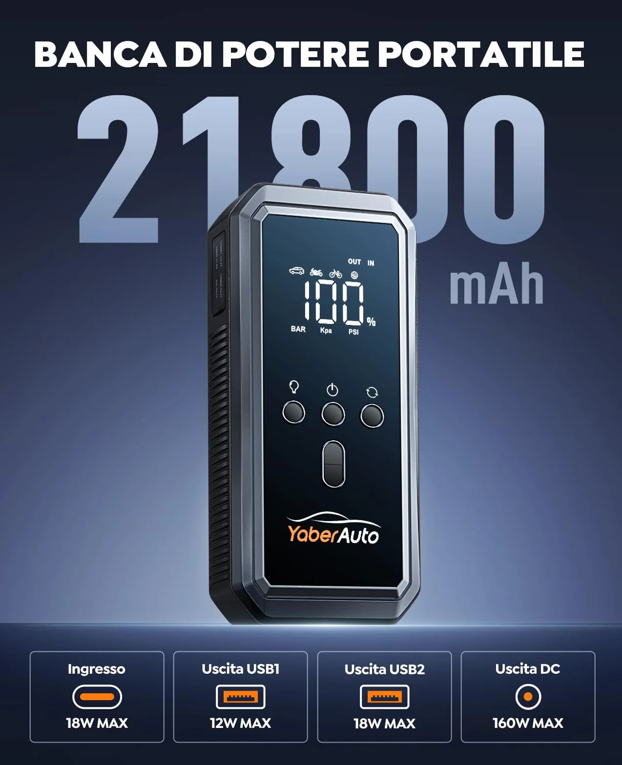 Avviatore Emergenza per Auto con Compressore 150PSI 8000A 21800mAh, YaberAuto Booster Avviamento Auto/Moto (Tutti Gas/10.0L Diesel), 12V Starter Batteria con Ricarica Rapida 18W,Uscita DC 160W,Torcia