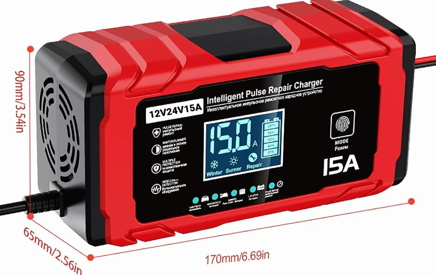Caricabatteria per Auto 15A - 12V/24V 15A Carica Batterie intelligente Auto, Schermo LCD, Caricabatterie con Multi-Protezione, Compatibile con Batterie per Auto, Moto, AGM e LiFePO4