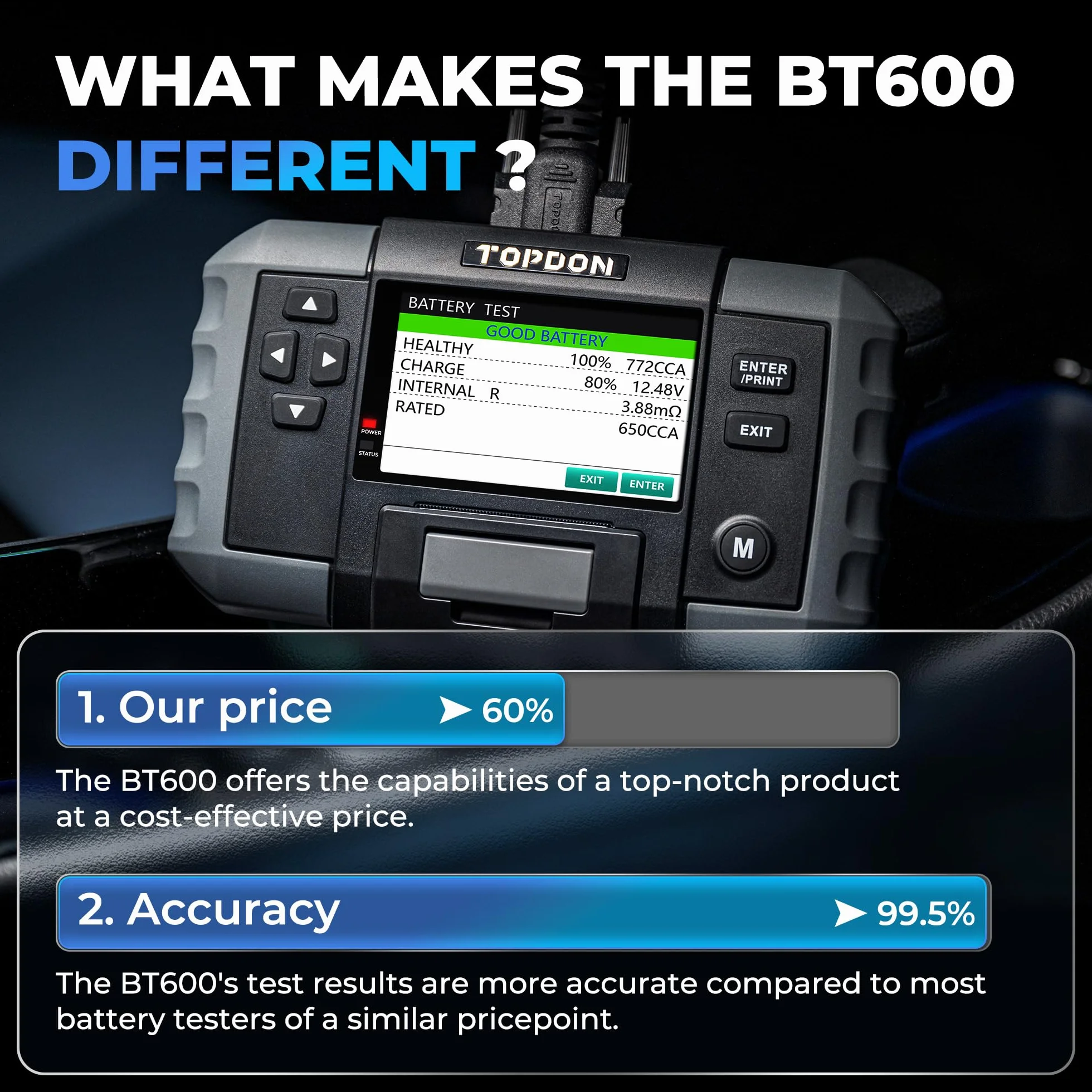 TOPDON BT600 Tester Batteria per Auto, Tester Batterie Auto con Stampante Professionale 12V 24V, con Test Batteria, Test di Avviamento e Carica per Batterie 100-2000CCA, Schermo da 3.5 pollici