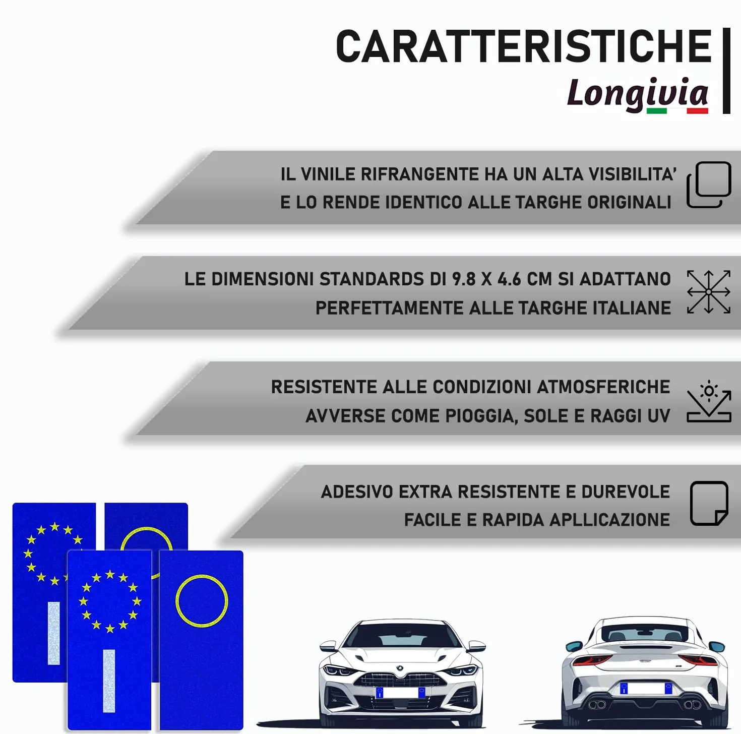 Adesivi Targa Auto Italiana Rifrangenti 4 PEZZI 4.5 x 9.8 cm Ultra Resistente Pioggia Sole UV