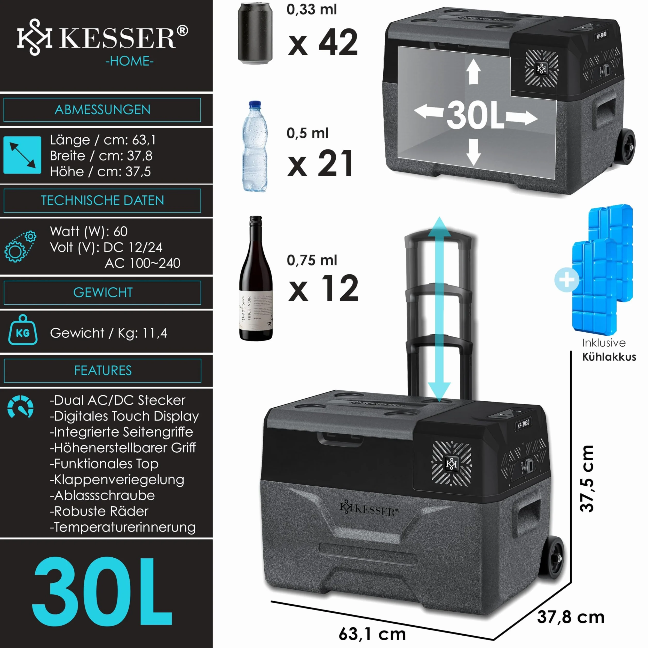 KESSER® Frigobar a compressore 30 litri Frigocongelatore Elettrico con Controllo Tramite App Connessione USB 12/24 V 230 V + Ruote telescopiche Frigorifero Raffreddamento Fino a -20 °C per Auto
