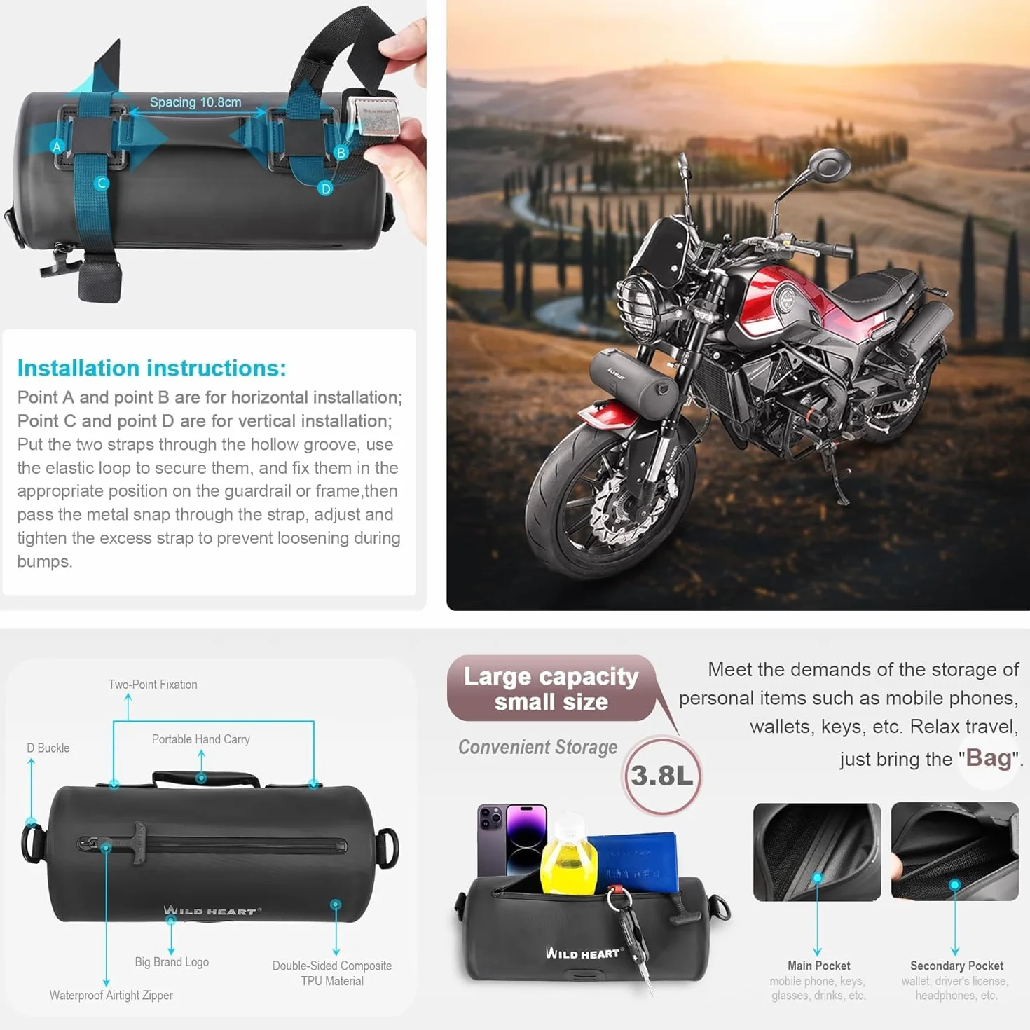 WILD HEART Borsa da Manubrio per Moto Borsa Impermeabile da Forcella per Moto Dirt Bike Borsa da Manubrio Borsa Anteriore Universale per Bicicletta Piccola Borsa per Attrezzi (Nero)