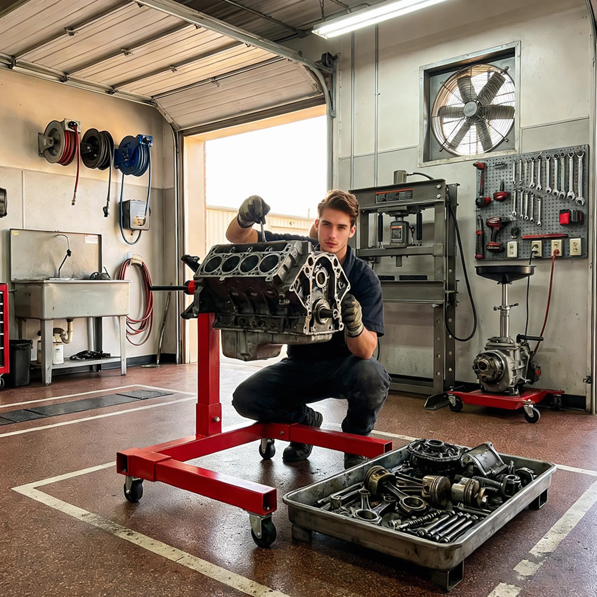 ACXIN Cavalletto motore 570 kg supporto girevole 360° sollevatore bracci regolabili 4 ruote acciaio laccato rosso