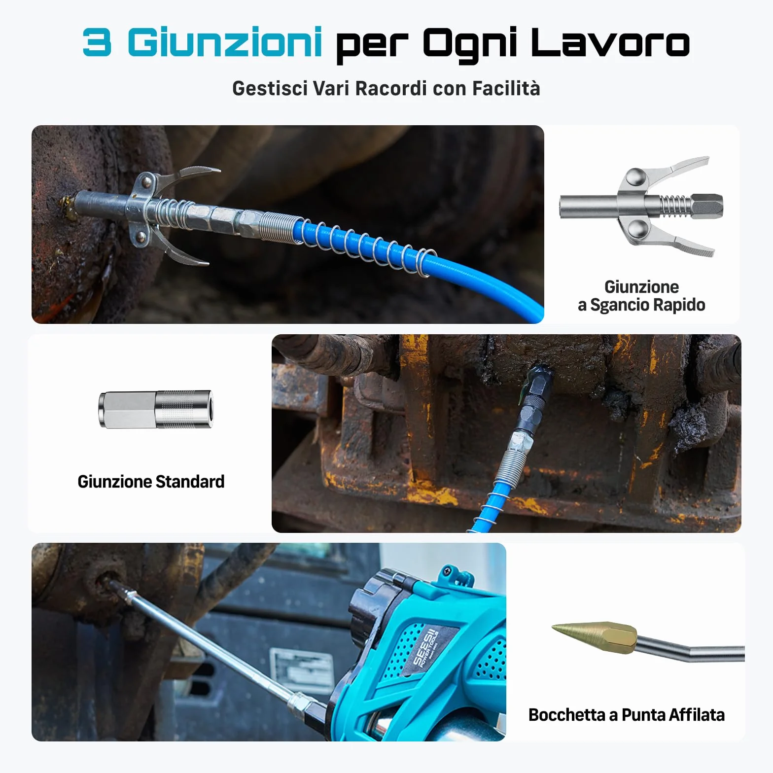 Seesii Ingrassatore a Batteria Kit: Pistola Grasso ad Alte Prestazioni da 10000 PSI e 4,6 oz/min con 2 Batterie, Tubo 39,4", Adattatore a 90° e 3 Ugelli per Un Ingrassaggio più Rapido e Senza Sforzo