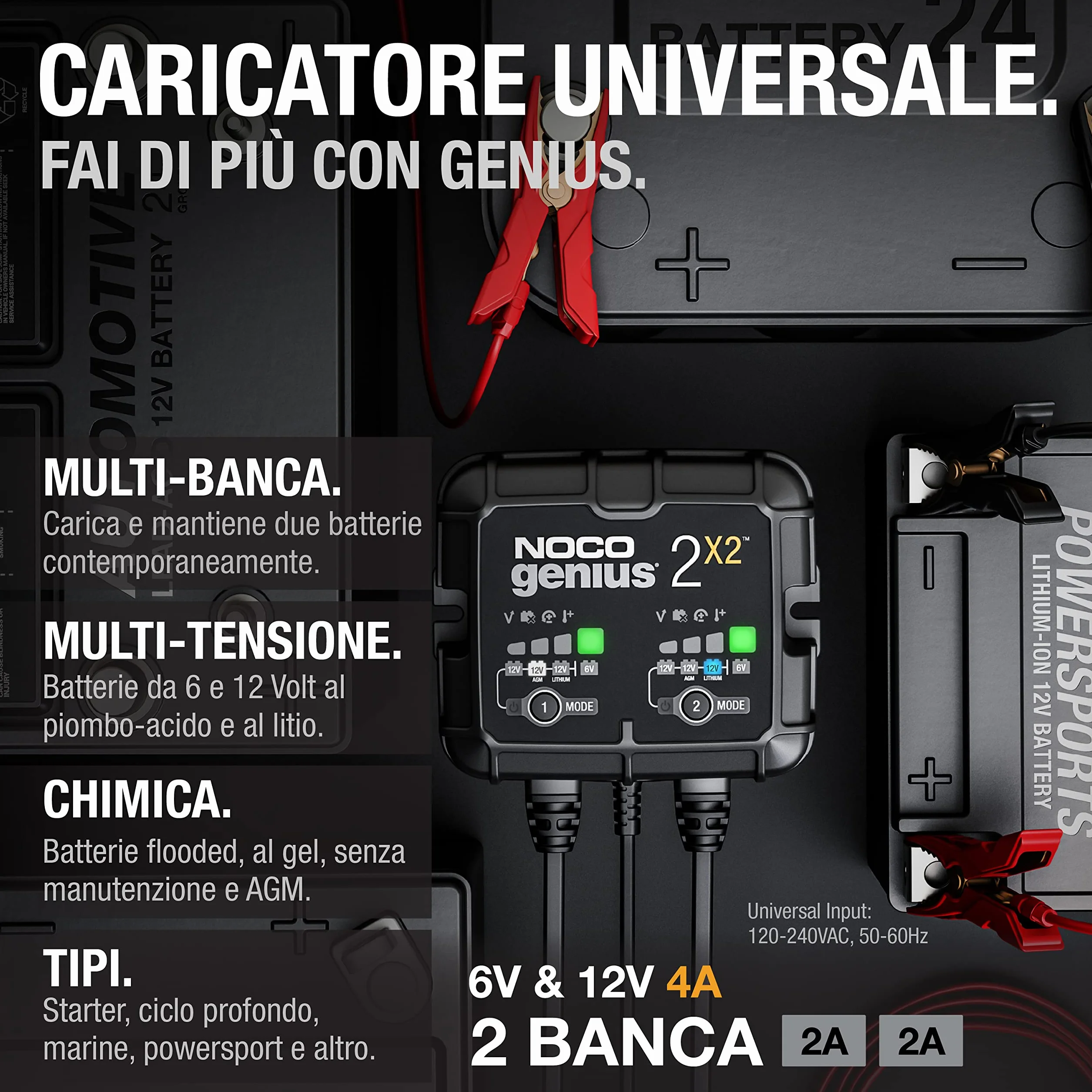 NOCO GENIUS2X2: Caricabatterie Intelligente 4A 2 Canali (2A/Canale) 6V/12V – Mantenitore di Carica e Desolfatatore con Protezione da Sovraccarico e Compensazione Termica – Per Batterie Piombo e Litio