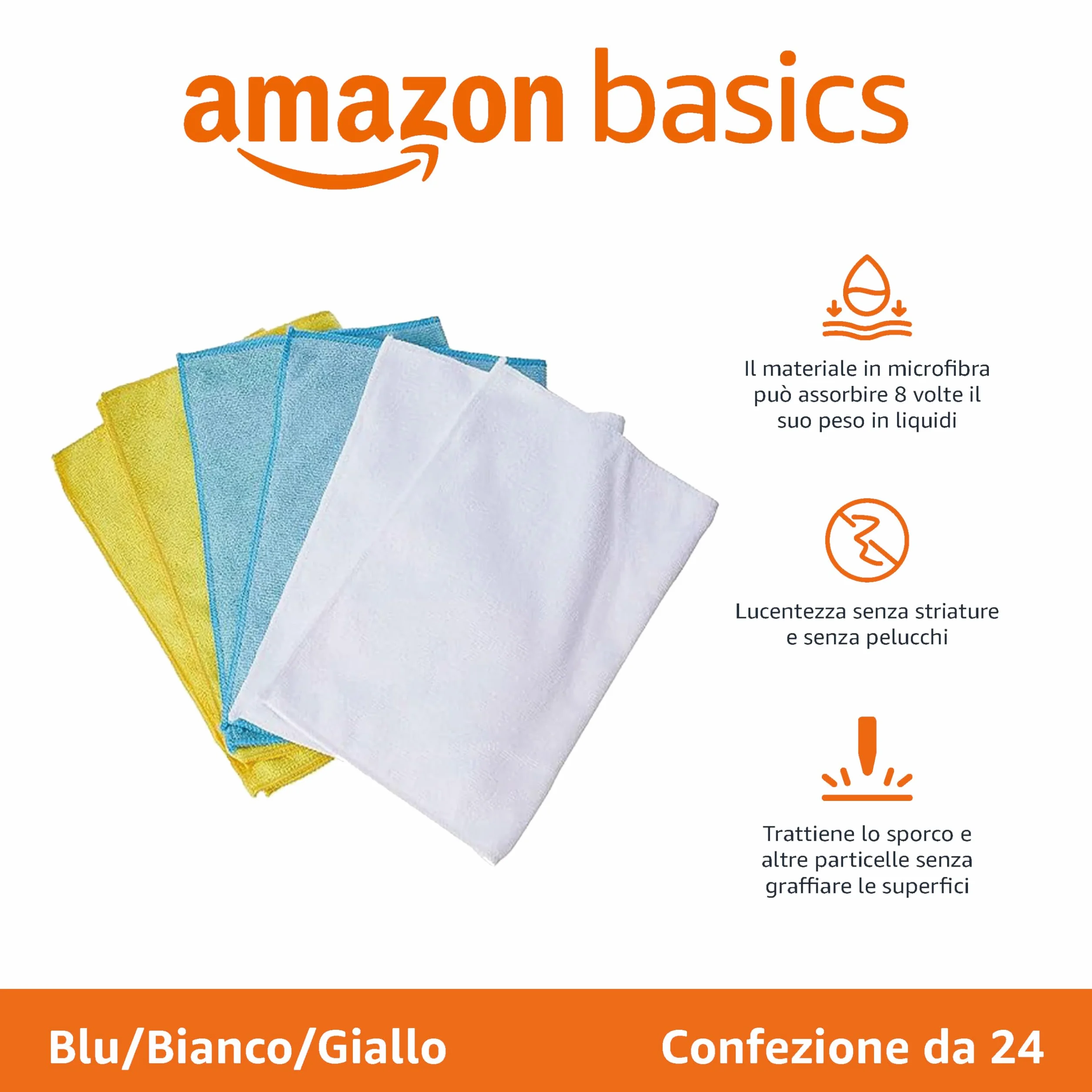 Amazon Basics Panno per la pulizia microfibra, 30.5 x 40.5 cm, Confezione da 24 unità, Multicolore