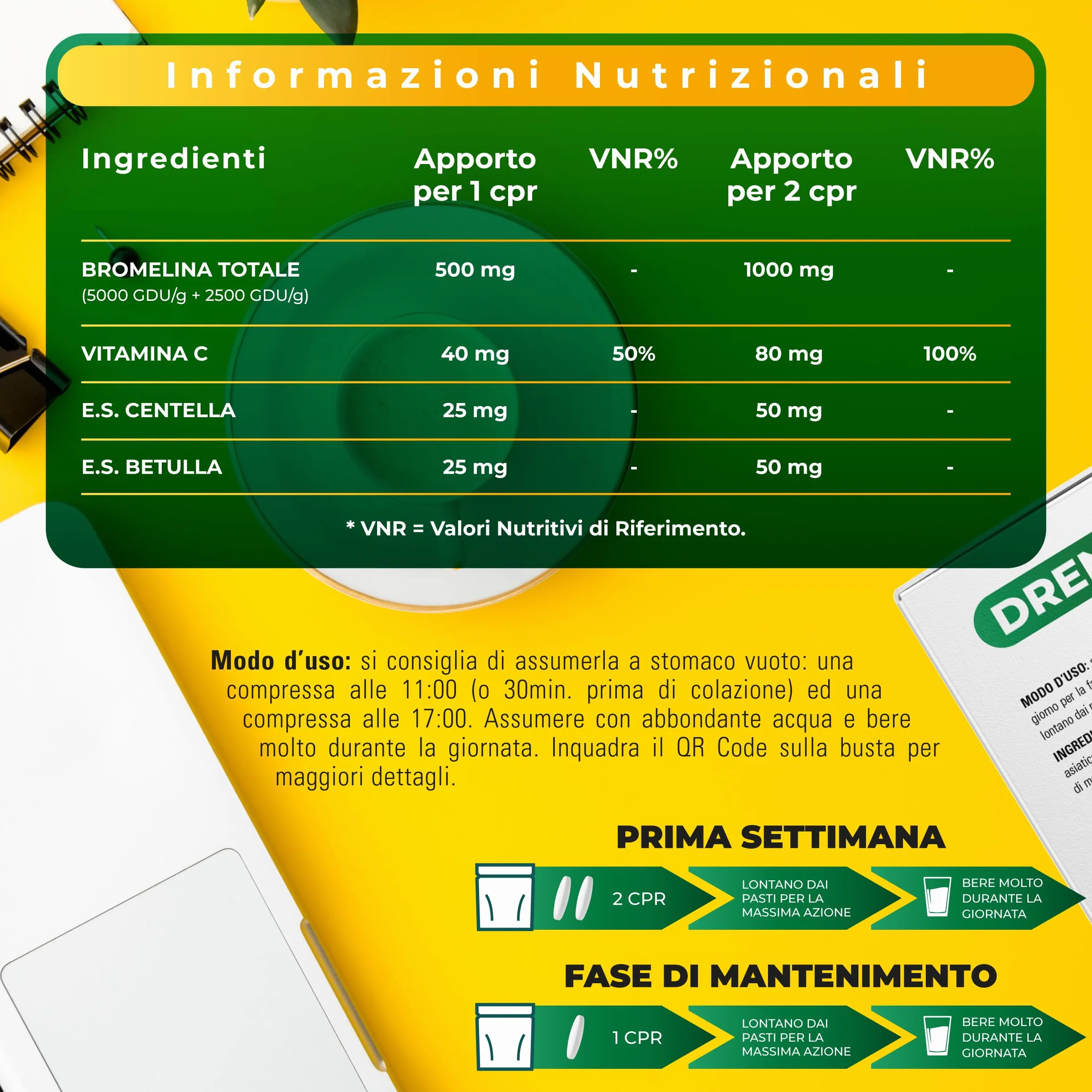 Symbeauty Bromelina Forte 240 Cpr Drenaline 2500+5000 GDU Betulla Centella Vitamina C Vegano Made in Italy