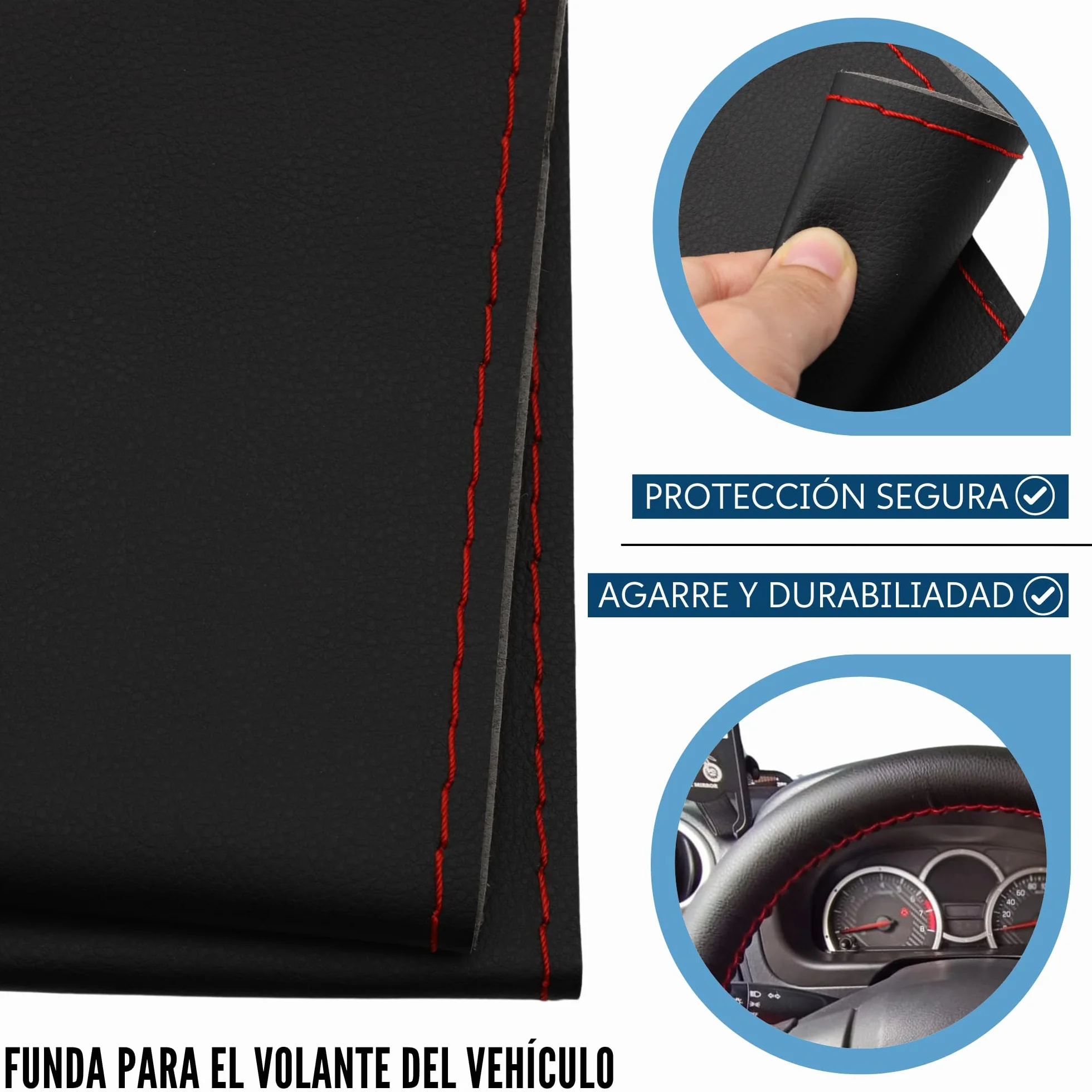 AUTOZOCO Coprivolante auto con aghi e filo, diametro 37/38 cm, antiscivolo, nero con filo rosso