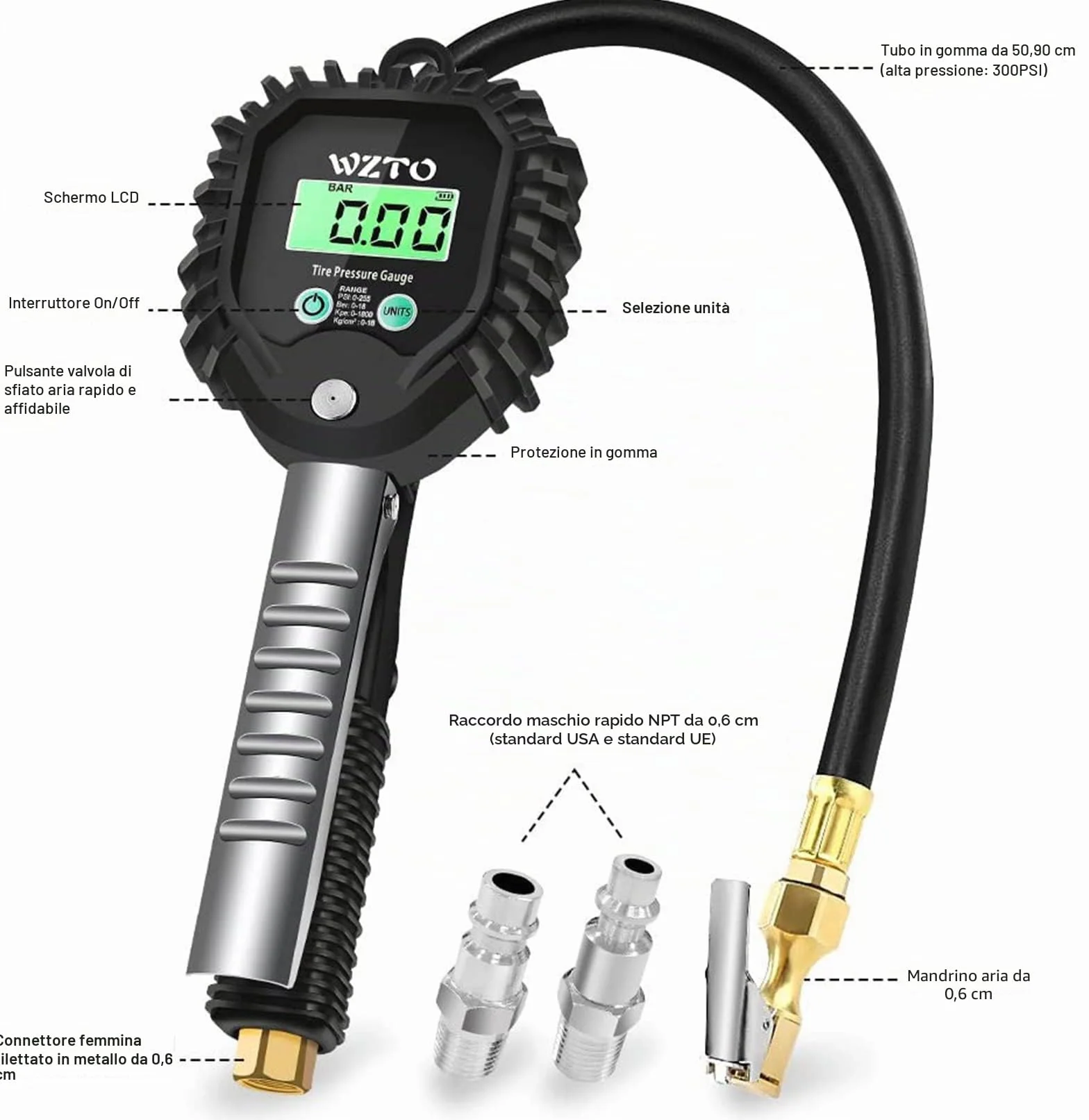 Manometro Pressione Gomme Professionale Digitale 255 PSI Pistola Gonfiaggio Pneumatici LCD Retroilluminato
