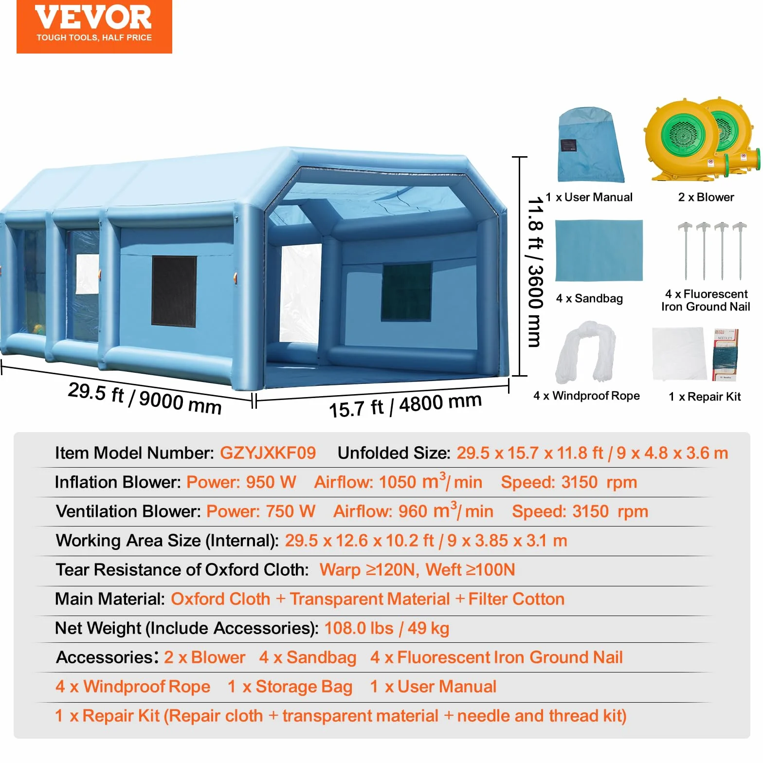 VEVOR Cabina di Verniciatura Gonfiabile, Tenda di Verniciatura Gonfiabile Portatile Potente Ventilatore, Sistema Filtro dell'Aria, Verniciatura per Auto Veicoli e Mobili 9 x 4,8 x 3,6 m, 950W + 750W