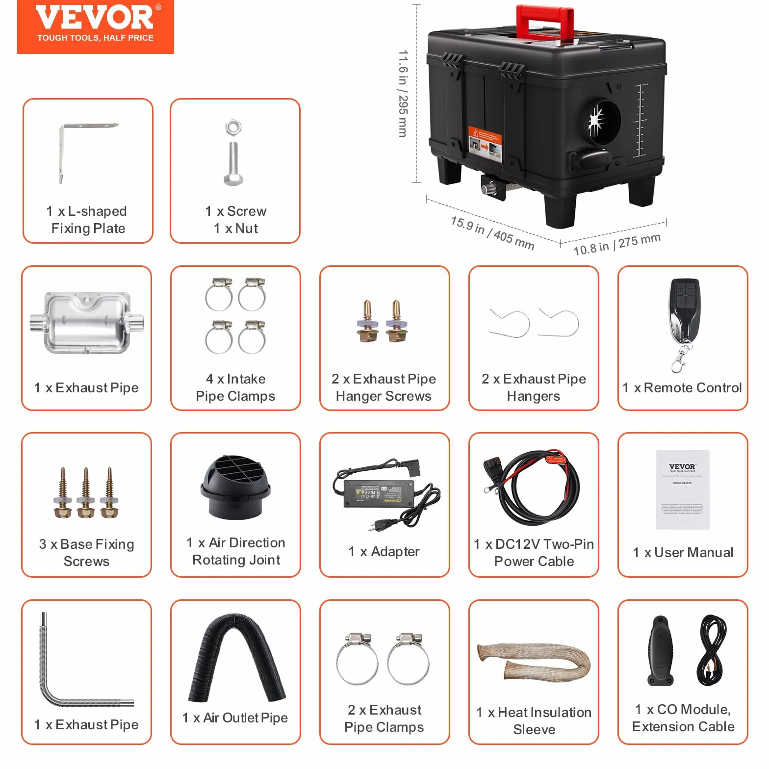 VEVOR Riscaldatore d'Aria Diesel 8 KW 12V 24V Bluetooth Telecomando Schermo Allarme CO Portatile