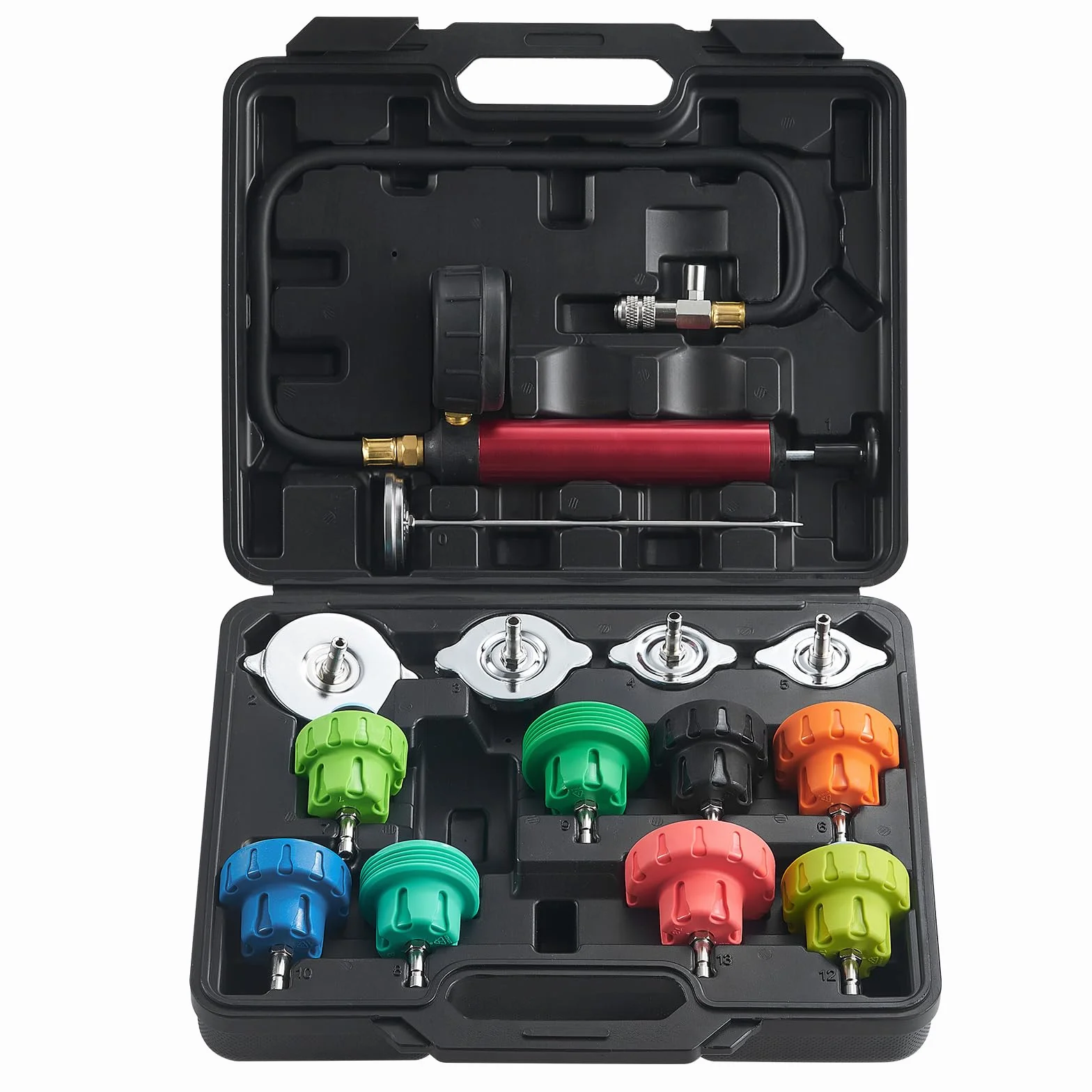 VEVOR Kit Tester Universale per Pressione di Sistema Raffreddamento del Radiatore con Adattatori per Pompa a Mano Tappi Codificati a Colori, Strumenti per Pressione con Valigetta per Auto Moto Camion