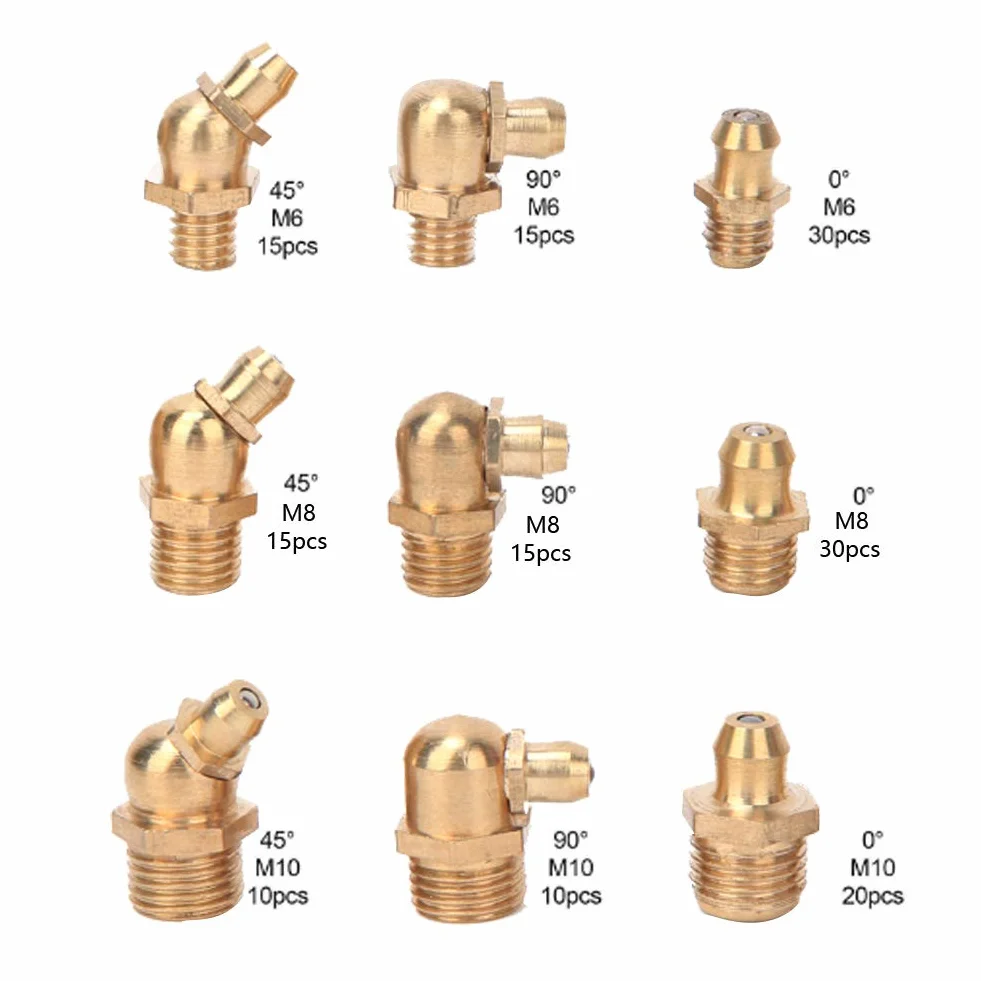 Kit di Capezzolo Grasso di Ottone 160pc, M6/M8/M10 Grease Zerk a 45°, 90° e 180° per Auto, Moto e Camion