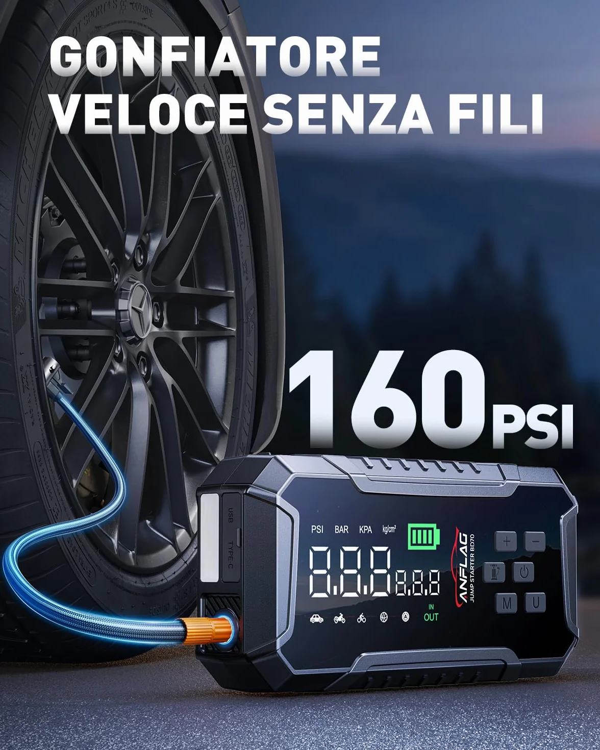 Booster Avviamento Auto 8000A, ANFLAG Avviatore Batteria Auto con Compressore 160PSI, 26800mAh Starter Batteria Auto per Tutti Gas o 12L Diesel con Ricarica Rapida USB-C/600 Lumen LED
