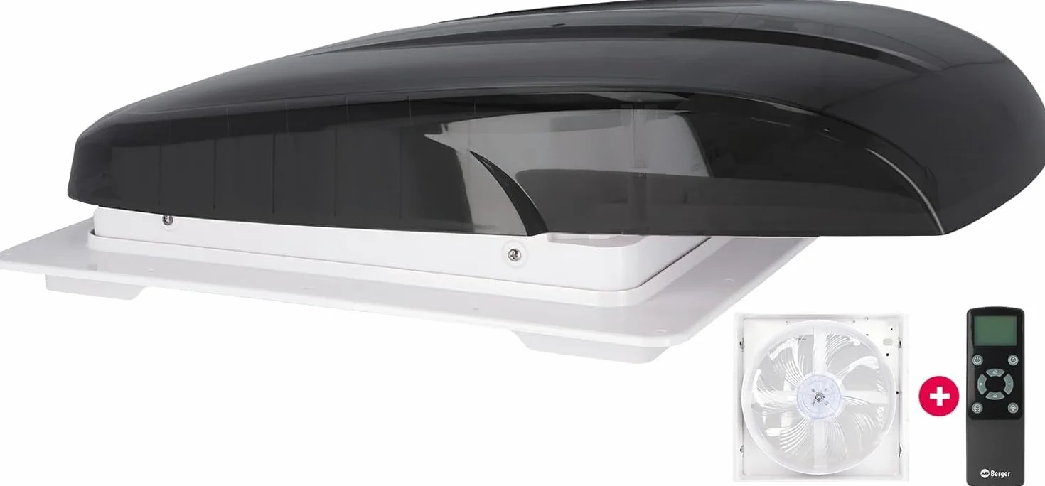 BERGER Oblò Camper 40x40 Ventola 4 Velocità Telecomando Lucernario Zanzariera Oscurante Motore 12V Nero