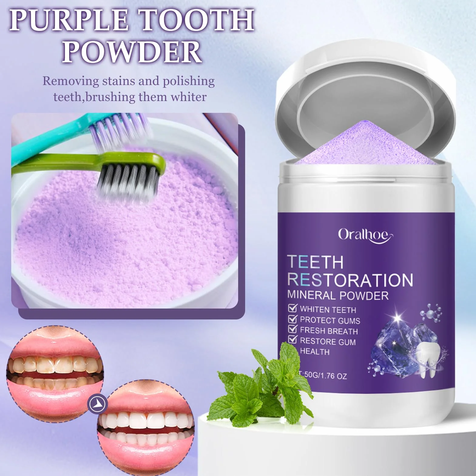 Kit Sbiancante Denti: Dentifricio Viola Sbiancante 60ml + Polvere 50g + Spazzolino, Rimozione Macchie Profonde