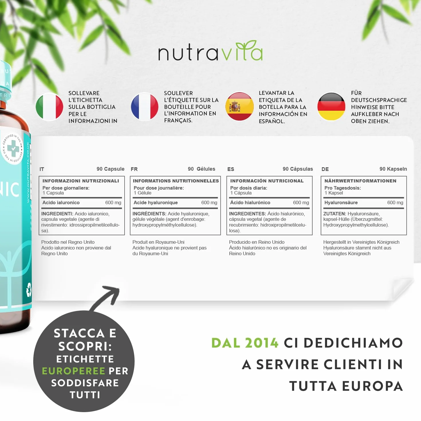 Nutravita Acido Ialuronico Capsule 600 mg 3 Mesi Alto Dosaggio 500-700KDA Senza OGM