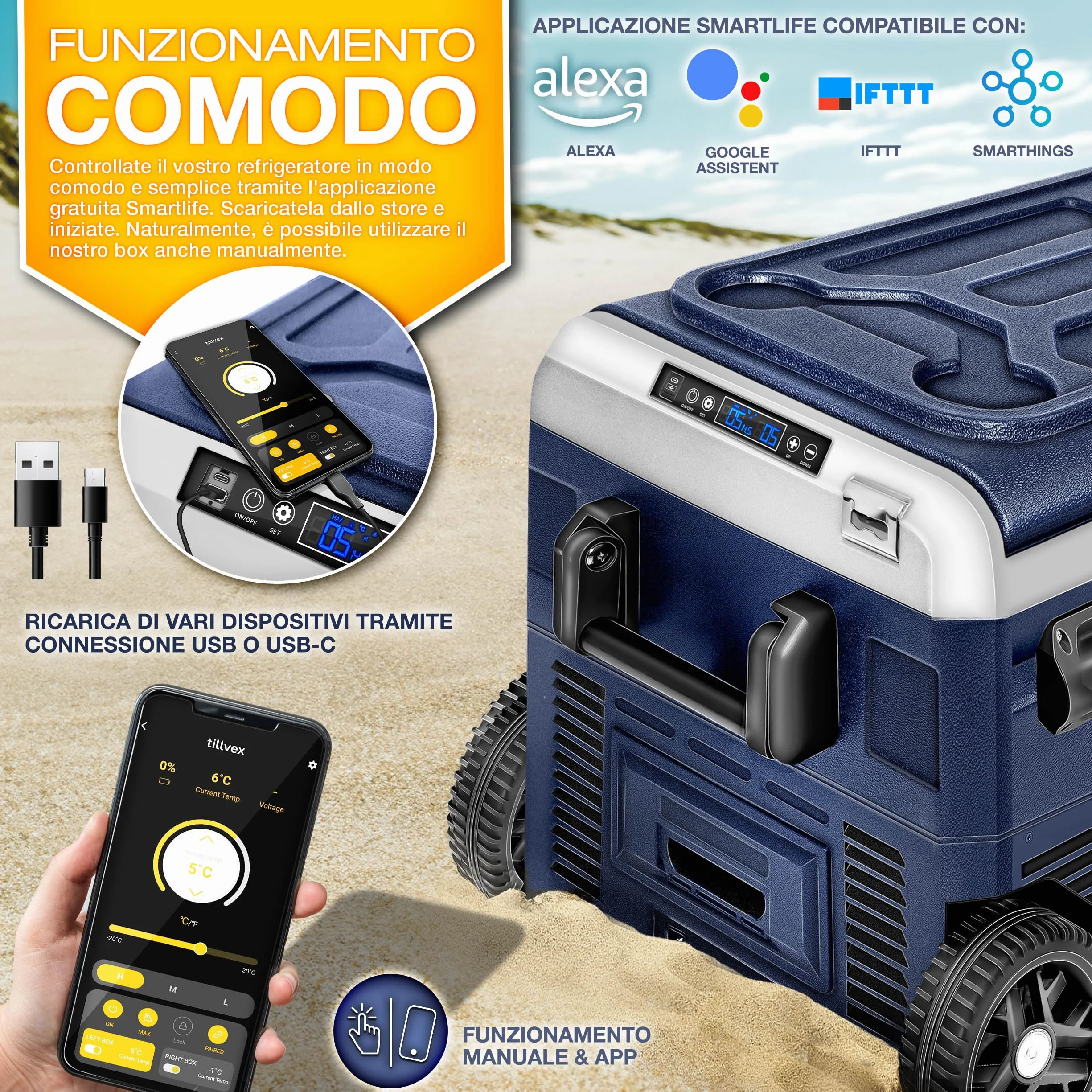 Tillvex Frigorifero Compressore Elettrico 50 Litri WIFI-APP 12/24V 230V -20°C Camper Camping