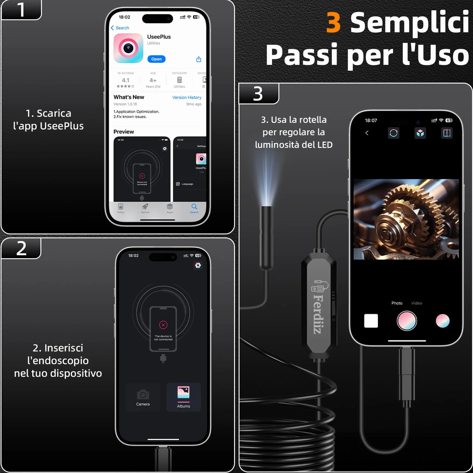 Endoscopio Per Smartphone Telecamera Endoscopica 1920P HD IP67 5M 8 LED