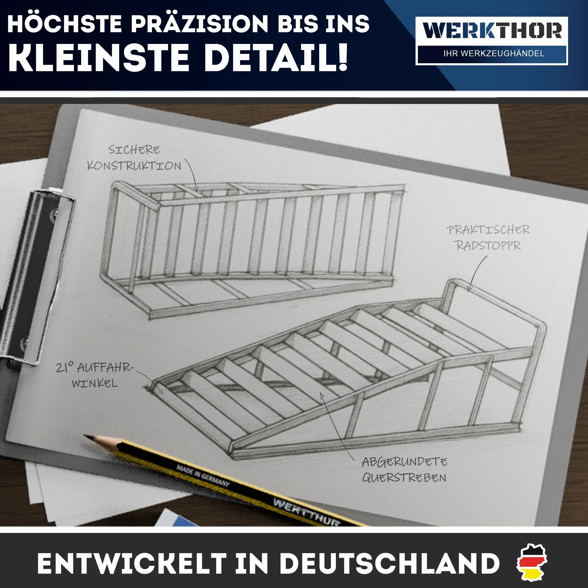 WERKTHOR Rampe Sollevamento Auto in Metallo [Set di 2] – Rampe per Auto Fino a <3t – Rampa Alta Resistenza per Ogni Superficie – Pedane Auto Robuste