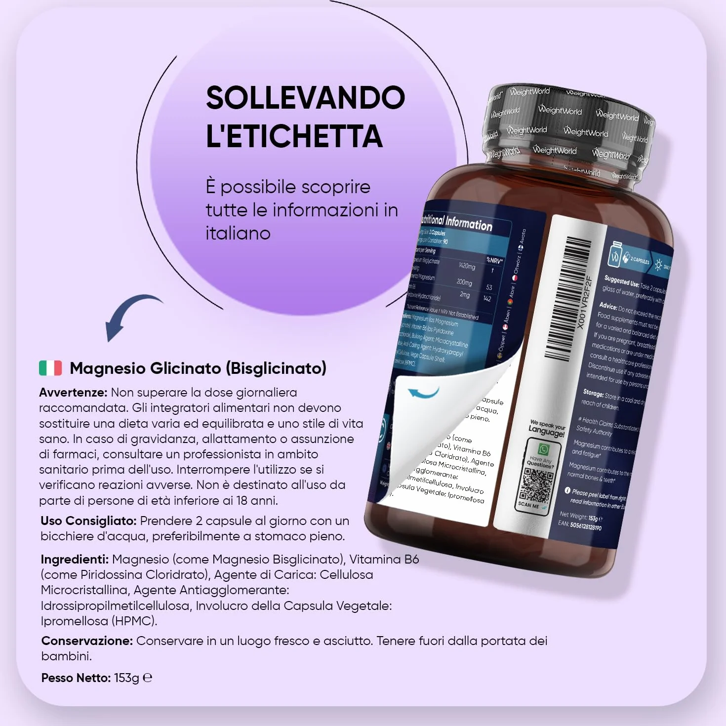 Magnesio Bisglicinato 1422mg con Vitamina B6, 180 Capsule - Magnesio Glicinato Vegano, Senza Additivi