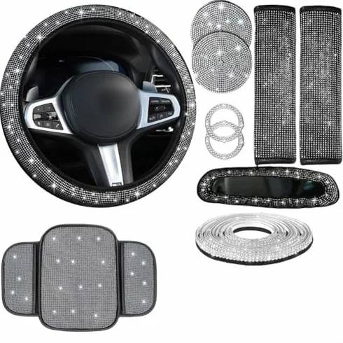 Set di copristerzo per auto con supporto per telefono in strass e sottobicchiere, set interno ultra-velluto da 10 pezzi per (rosa)