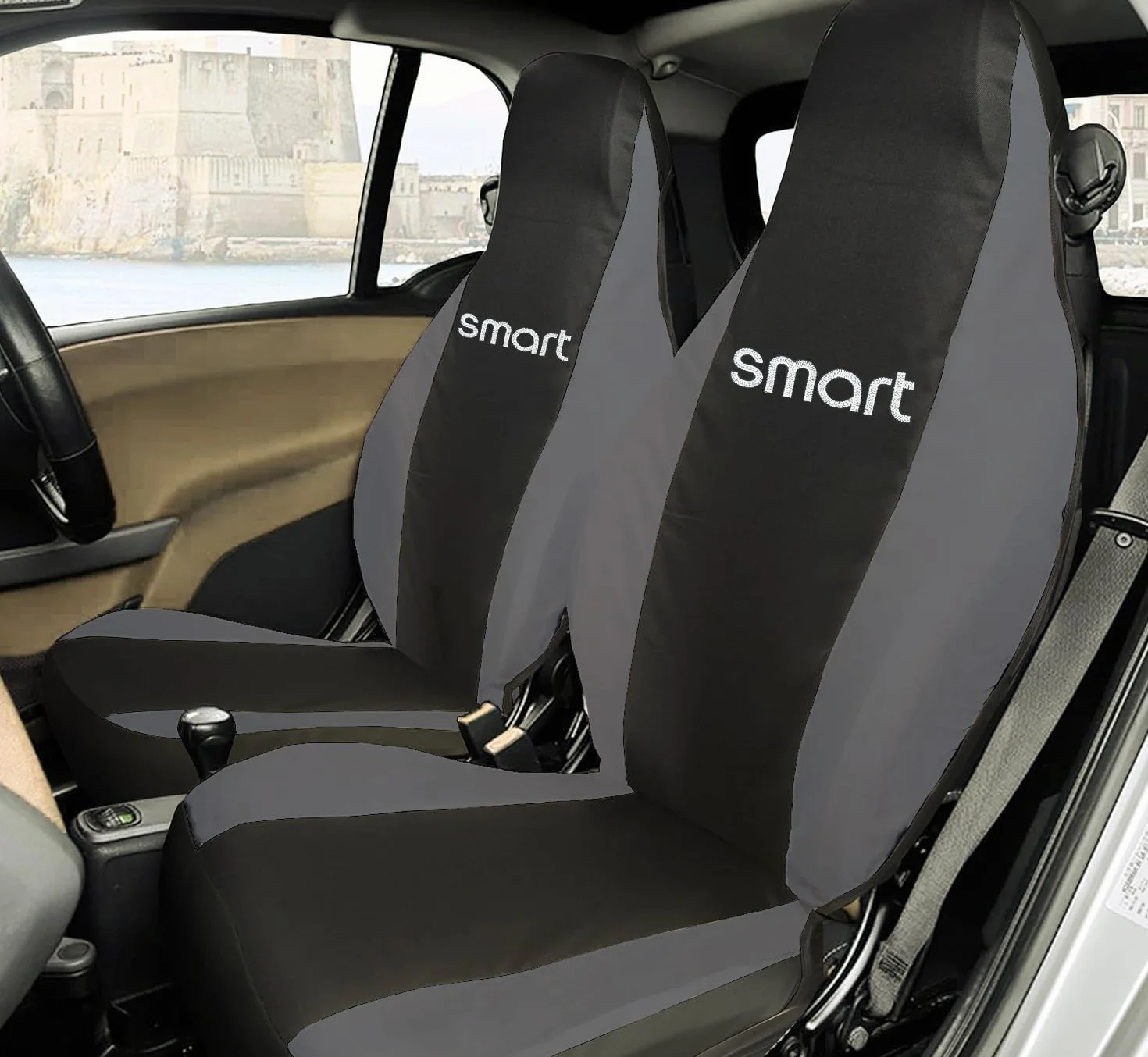 Coprisedili Auto per Smart Made in Italy Set Copri-sedile Anteriori Coppia Nero/Grigio Scuro