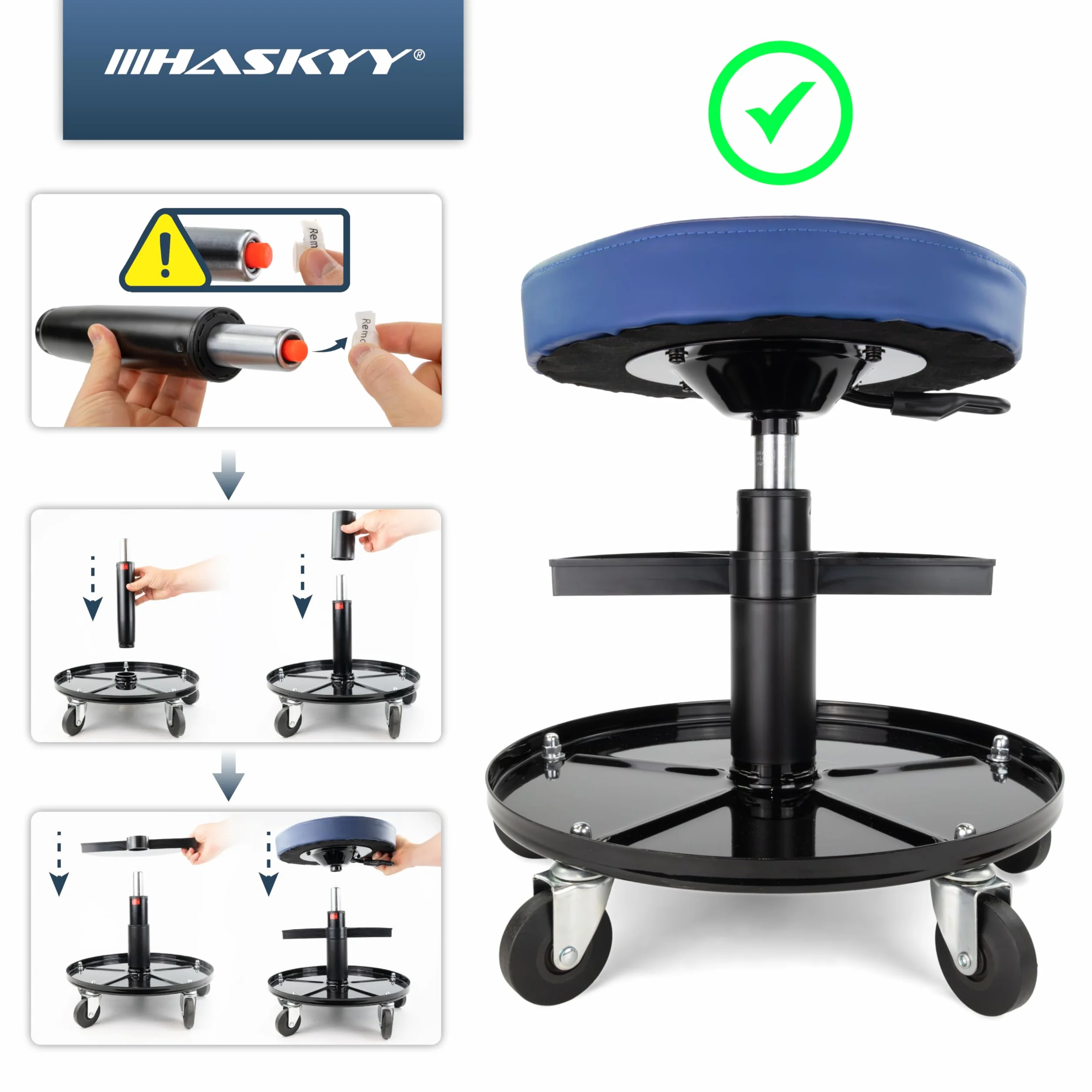 HASKYY Sgabello da officina BLU 5 ruote 2 ripiani altezza regolabile 410-540mm