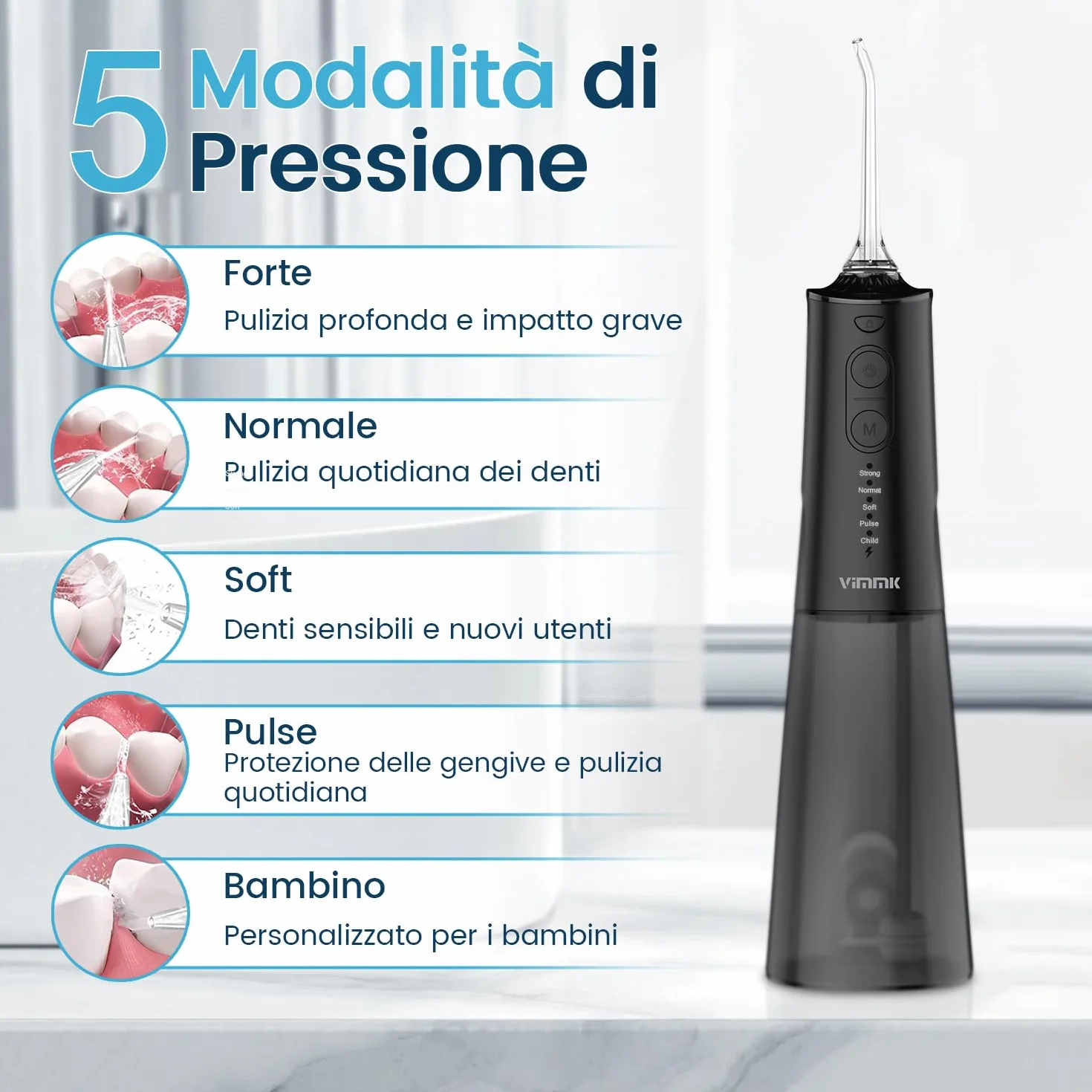 Vimmk Irrigatore Orale Senza Fili, Idropulsore Dentale Ricaricabile Impermeabile IPX7 Nero