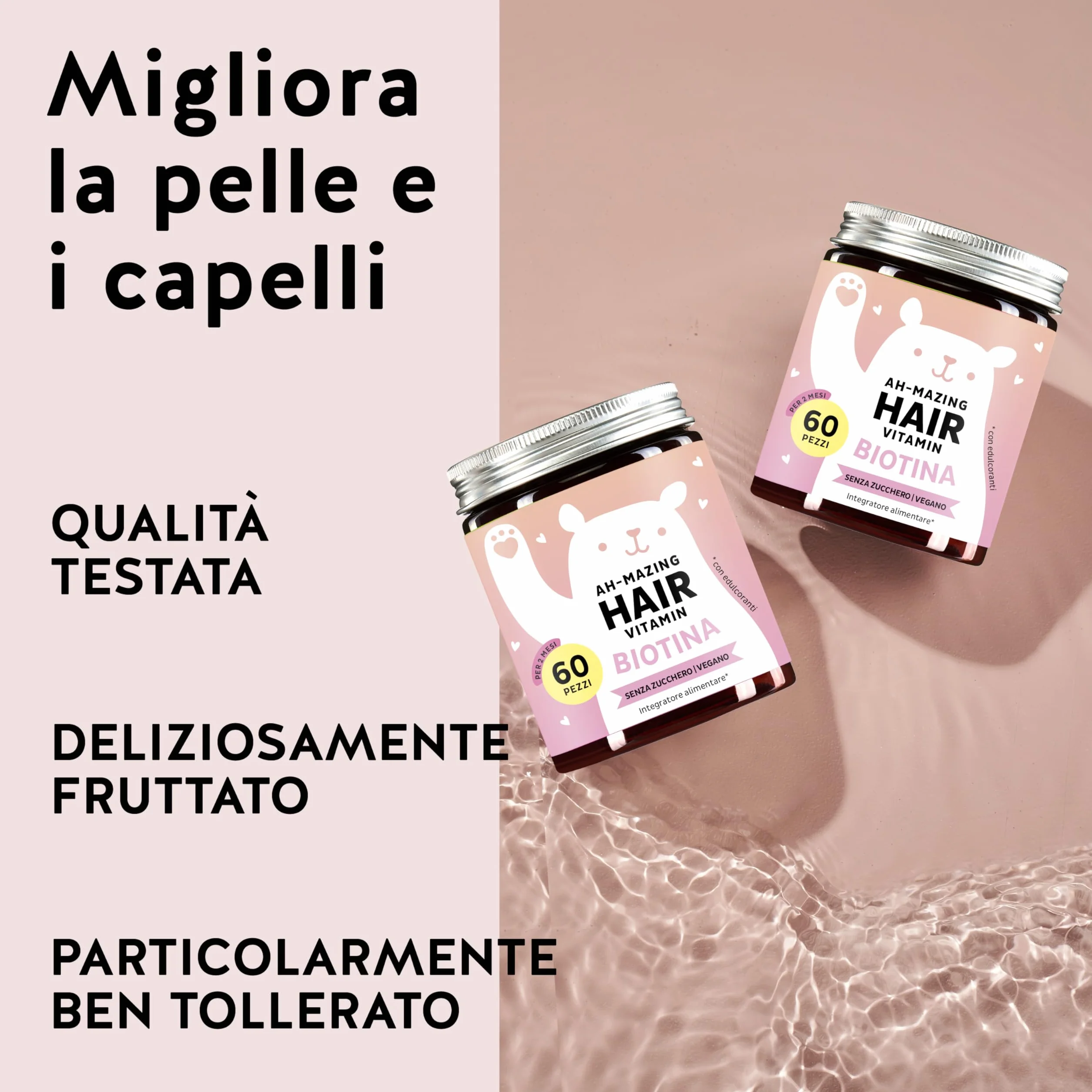 Caramelle Gommose Biotina Ah-mazing Hair – Vitamine per Capelli, Pelle e Unghie – 5000µg Biotina, Zinco, Vitamine B6, B9, C, E – 45 Pezzi, Vegane, Senza Zucchero