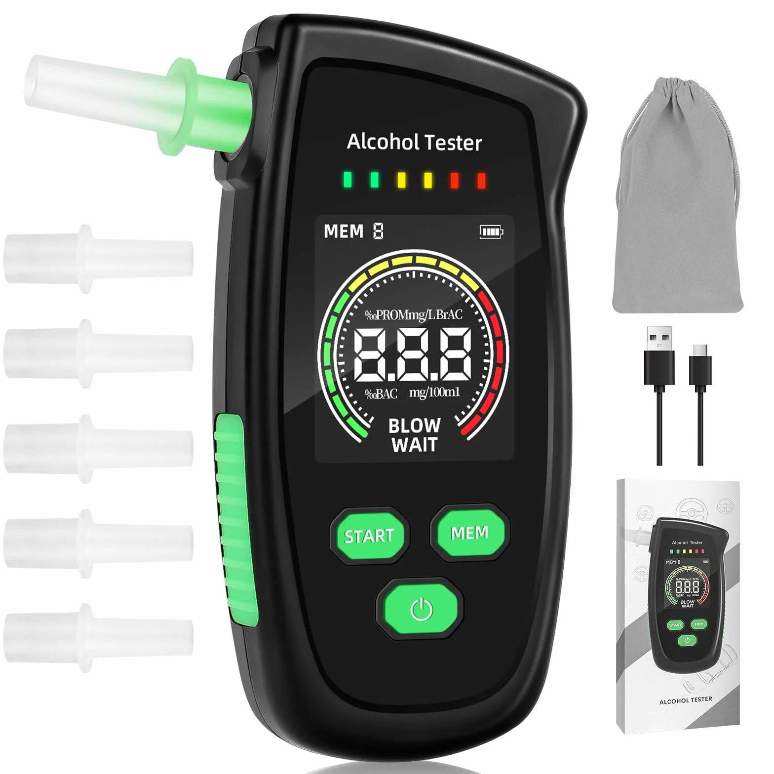 Etilometro Elettronico Portatile Certificato Etilometro di Alta Precisione con 5 boccagli, Etilometro Altamente Preciso con Schermo LCD Digitale per Test Personali a Casa